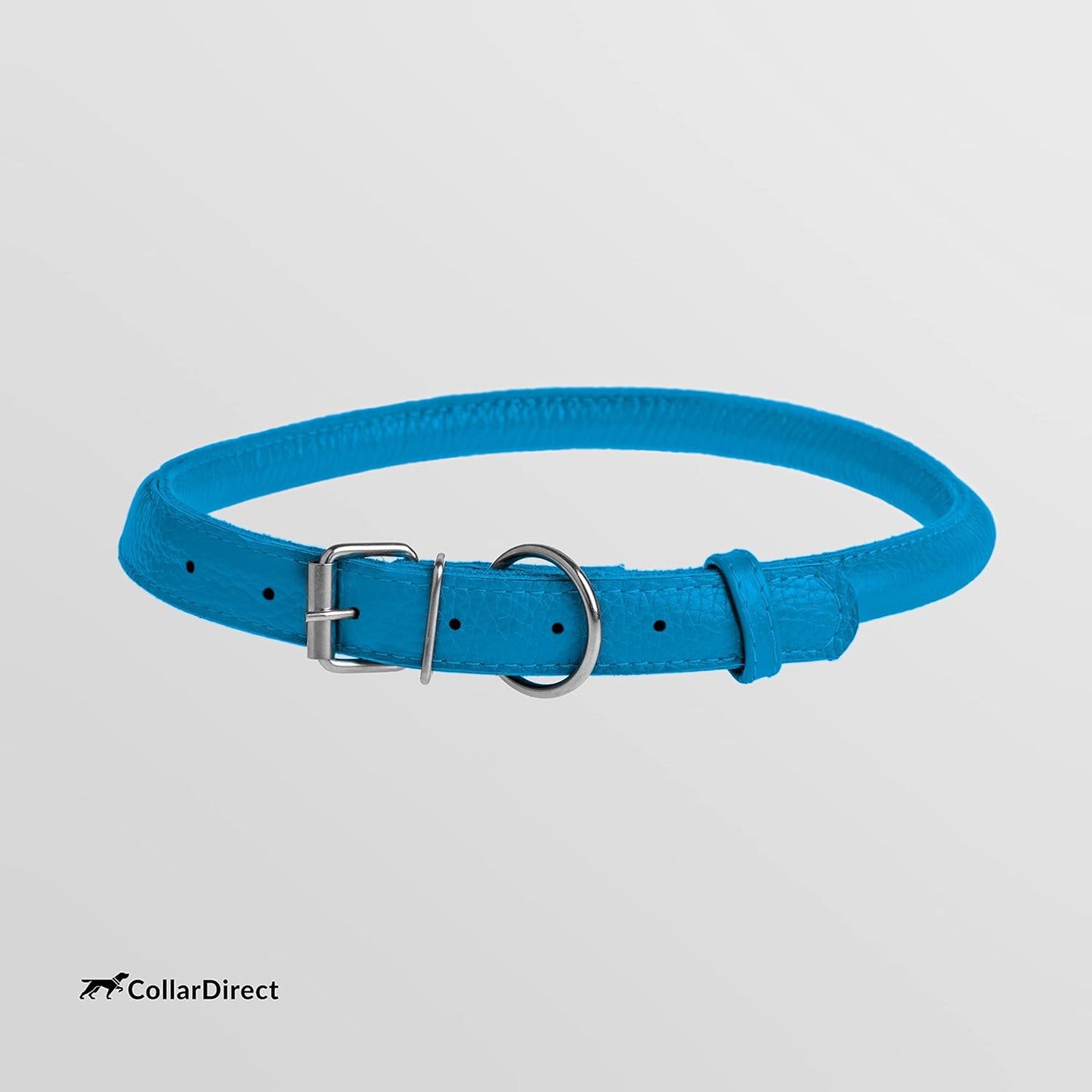 CollarDirect Rolled Leather Dog Collar, Soft Padded Round Puppy Collar, Handmade Genuine Leather Collar Dog Small Large Cat Collars 13 Colors (11-14 Inch, Light Blue Textured)