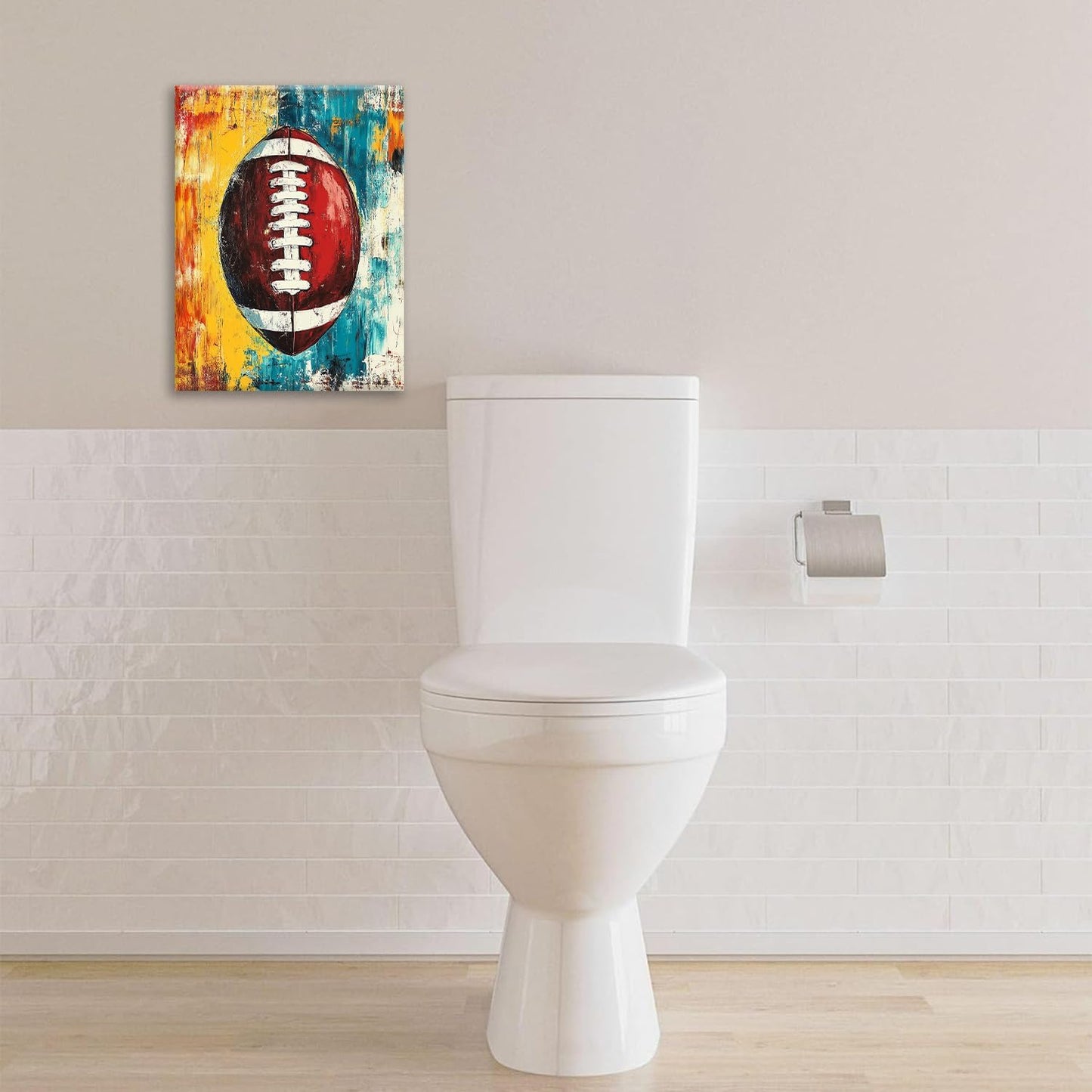 Graffiti Football Bathroom Pictures Wall Art, Rugby Sport Bathroom Wall Decor, Colorful Football Framed Painting Canvas Artwork for Bedroom Living Room Decorations 20"L x 16"W