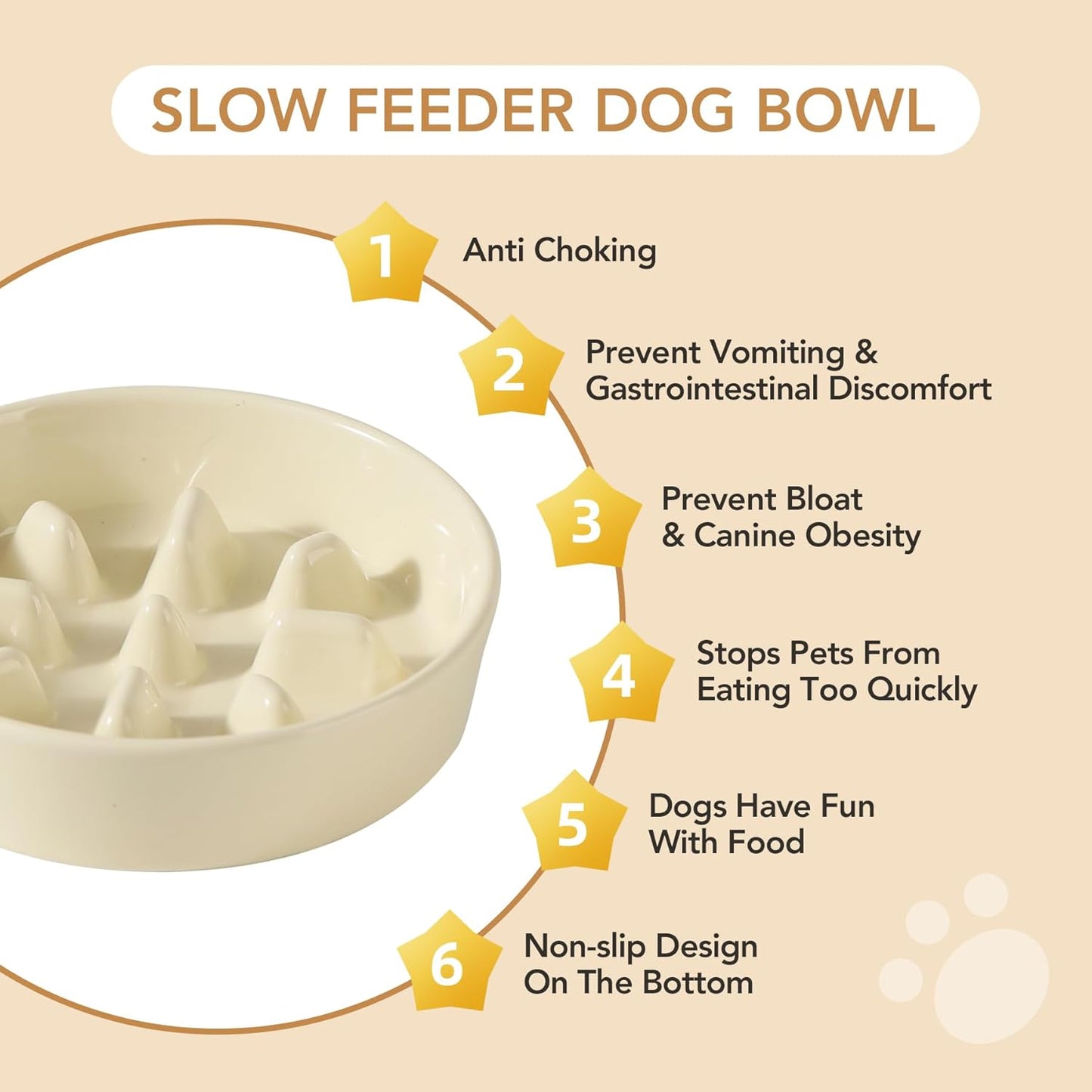 Ceramic Raised Slow Feeder Dog Bowl Set, Elevated 5.1inch Bowl and 6.1inch Slow Pet Food Dish with Wooden Stand for Small Dog and Cat (2 x Beige+ Stand)