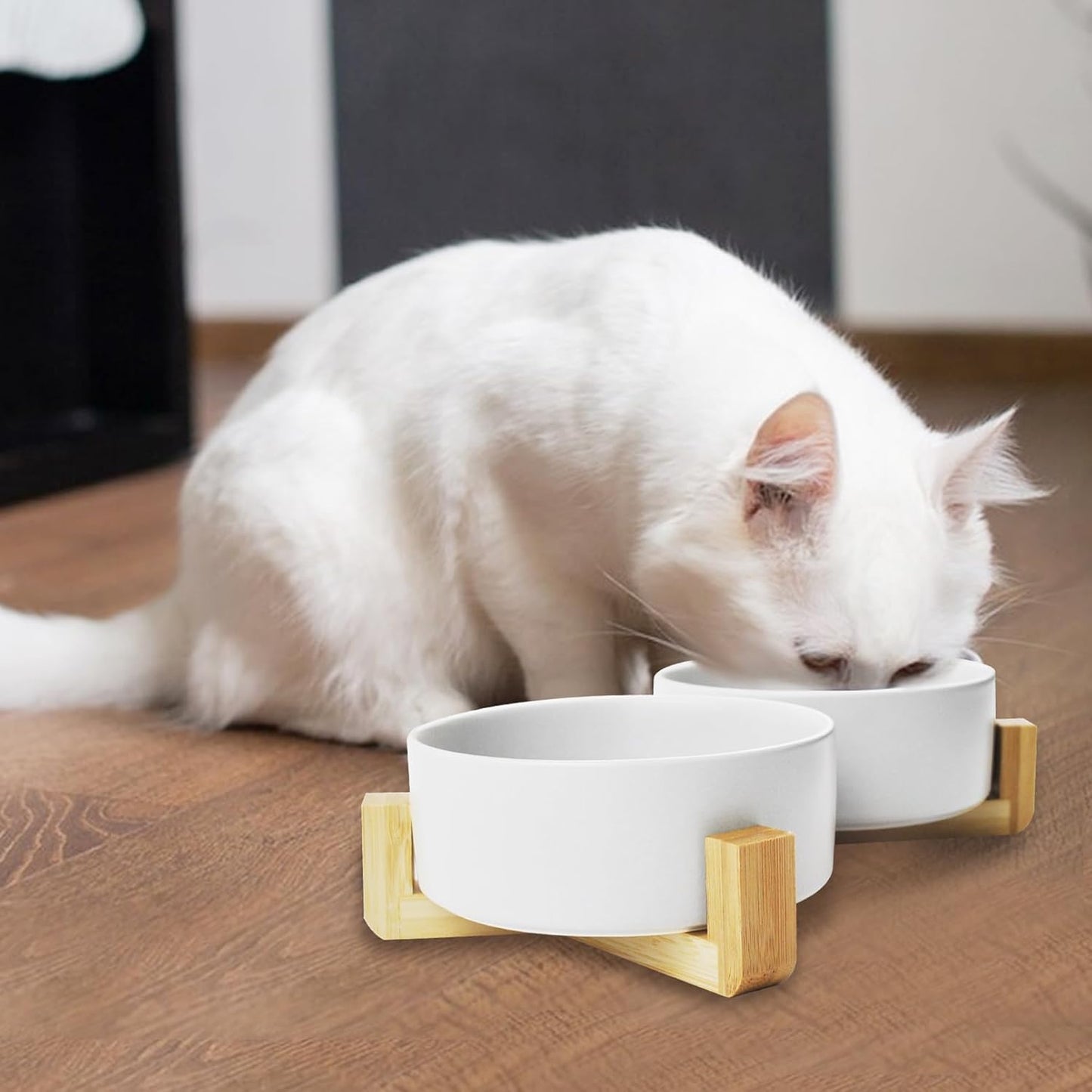 Ceramic Cat Bowls with Bamboo Stand,Non-Slip Small Dog Food and Water Bowl Set Non-Spill Cats Feeder Dish Modern Cute Weighted Cat Dishes for Small Dogs Puppy Cats Kitten(White)