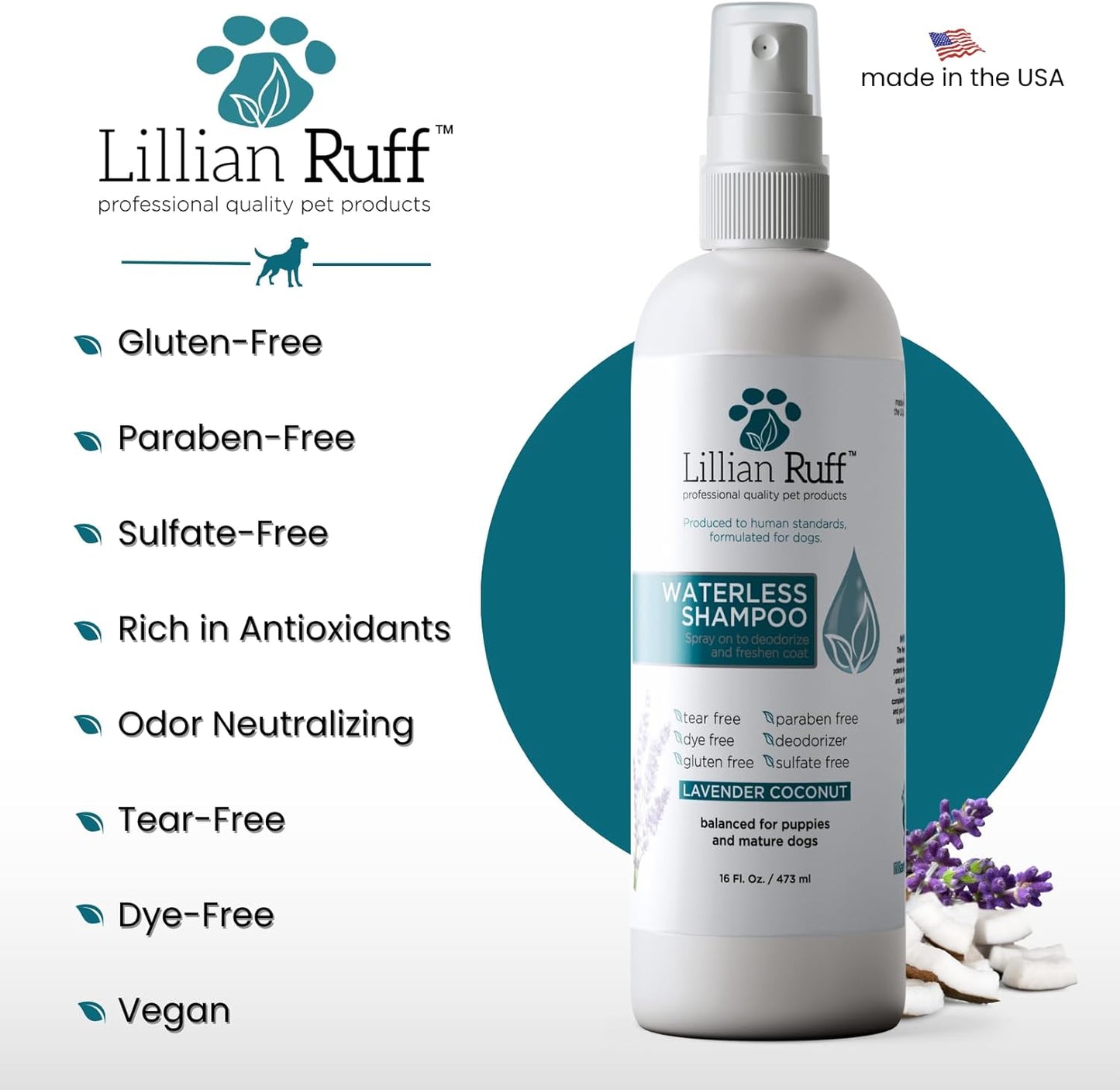 Lillian Ruff Waterless No-Rinse Dog Dry Shampoo Spray with Hydrating Essential Oils - pH-Balanced Dry Shampoo for Dogs - Clean, Condition, Detangle & Deodorize Dry, Sensitive Skin (Lavender Coconut)