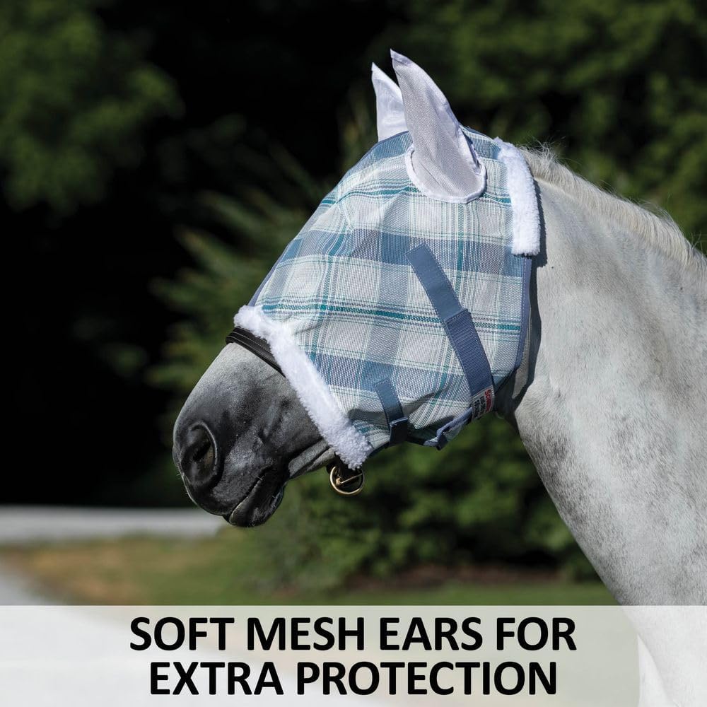 Schneiders Dura-Mesh Plaid Fly Horse Mask with Ears | Ultra-Durable 1000D Mesh | 70% UV Protection | Breathable Open Weave | Color Blue Plaid | Size Full Size