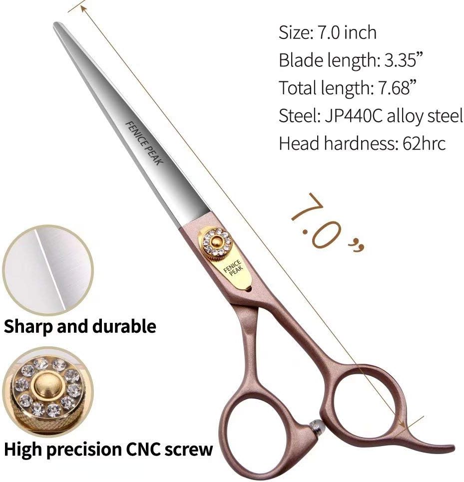 Fenice Peak 7'' Dog Straight Scissors for Grooming 440C Stainless Steel Rose Gold Professional Pet Trimming Scissors Sharp Blades Cutting for Dogs and Cats Shears