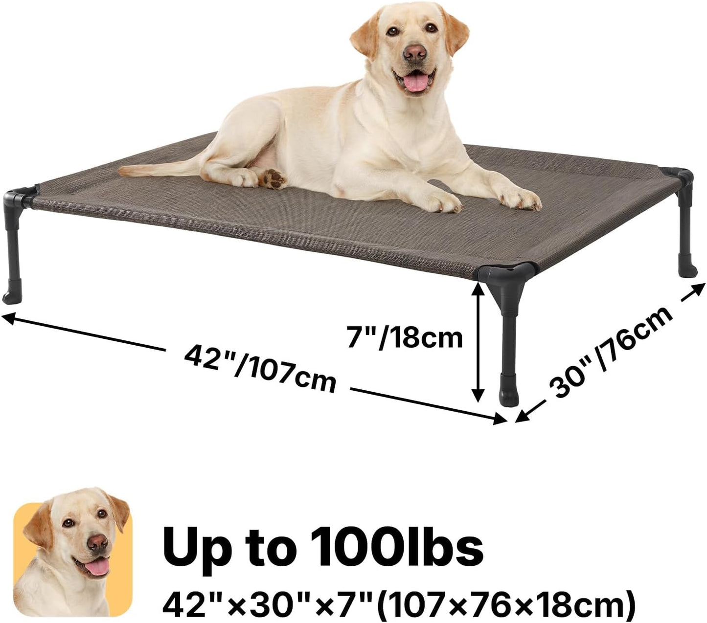 Veehoo Outdoor Elevated Dog Cot Bed, Cooling Raised Pet Bed for Large Dogs, Washable Breathable Mesh Hammock Bed with No-Slip Feet, Indestructible Ground Off Training Platform Cot-42"x30" Brown