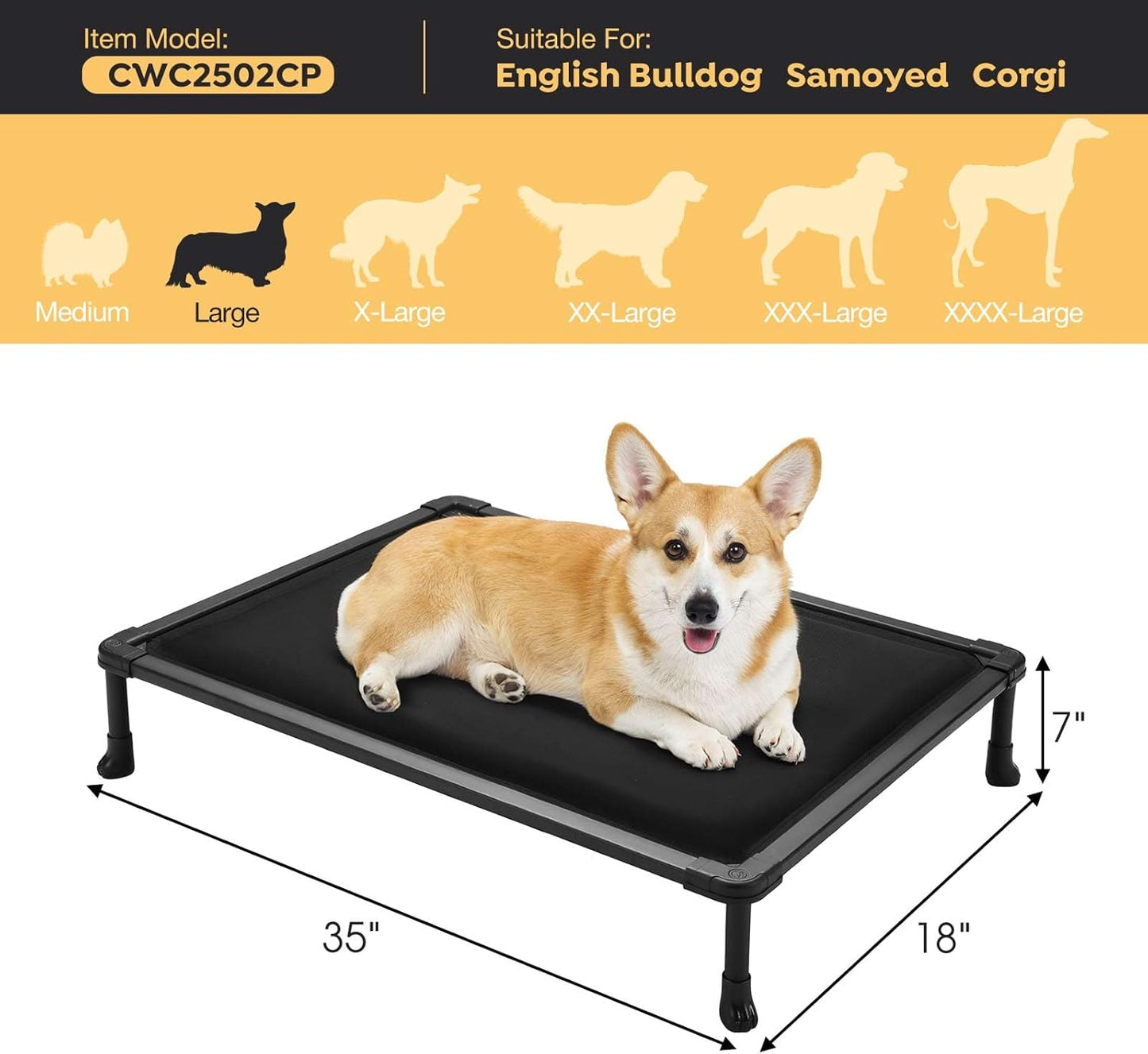 Veehoo Chew Proof Elevated Dog Bed, Durable Raised Pet Cot with Soft PP Cotton-Filled Waterproof Mat, Washable Padded Cot for Indoor, Outdoor & Camping, 35-Inch, Black