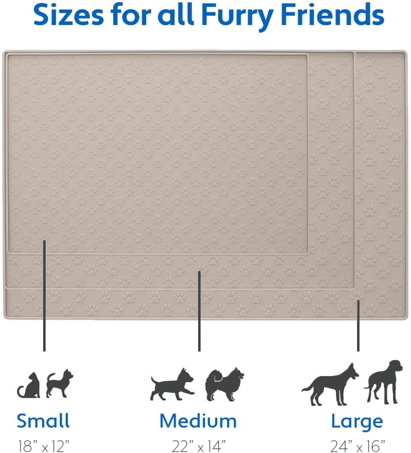 MIGHTY MONKEY 100% Waterproof Dog Food Mat, Raised Edges Silicone Pet Feeding Placemat for Cat, Dogs, Pet Bowls, High Lipped Tray Prevents Water Spills, Food on Floor, Dishwasher Safe, 24x16, Beige