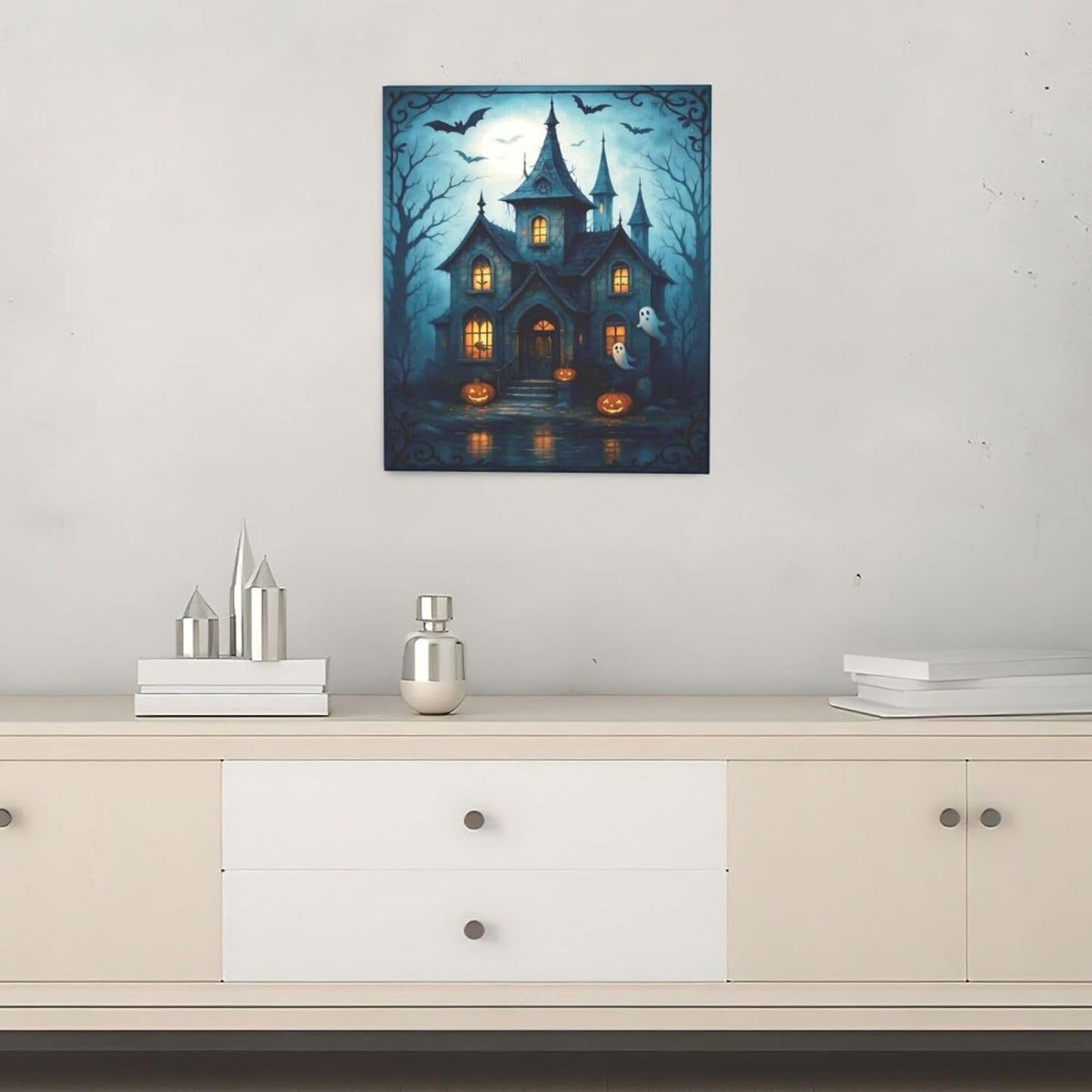Halloween Gothic Wall Art Castle Pumpkin Ghost Bat Canvas Wall Decor Dark Academia Pictures Painting Print Framed Artwork Decorations Gifts for Halloween Living Room Bedroom Office 20"x24"