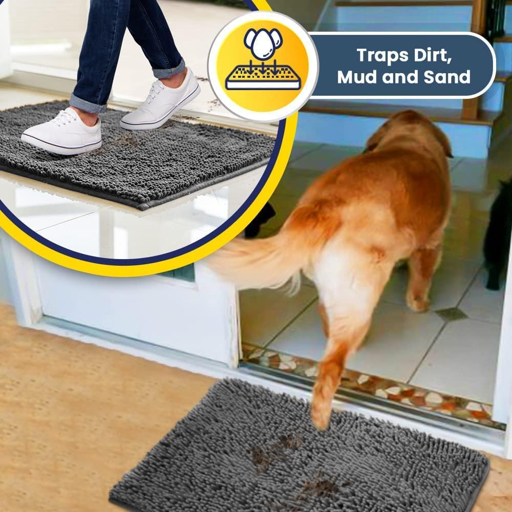 Muddy Mat® AS-SEEN-ON-TV Highly Absorbent Microfiber Door Mat and Pet Rug, Non Slip Thick Washable Area and Bath Mat Soft Chenille for Kitchen Bathroom Bedroom Indoor and Outdoor - Grey 5ft x 7ft