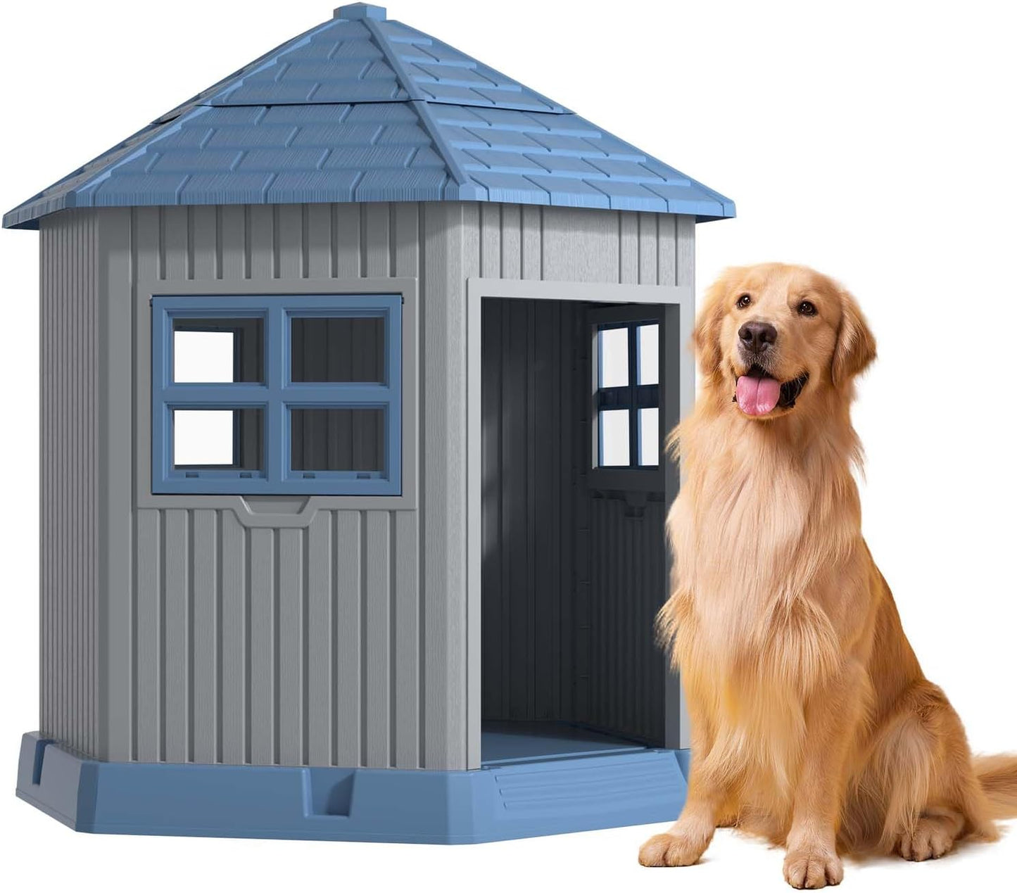 DRATO Dog House Indoor Outdoor Durable Large Dog Shelter with Outside Dog Kennel with Window and Elevated Floor for Small Medium Dogs (Blue, 34.8 * 30.51 * 36.89)
