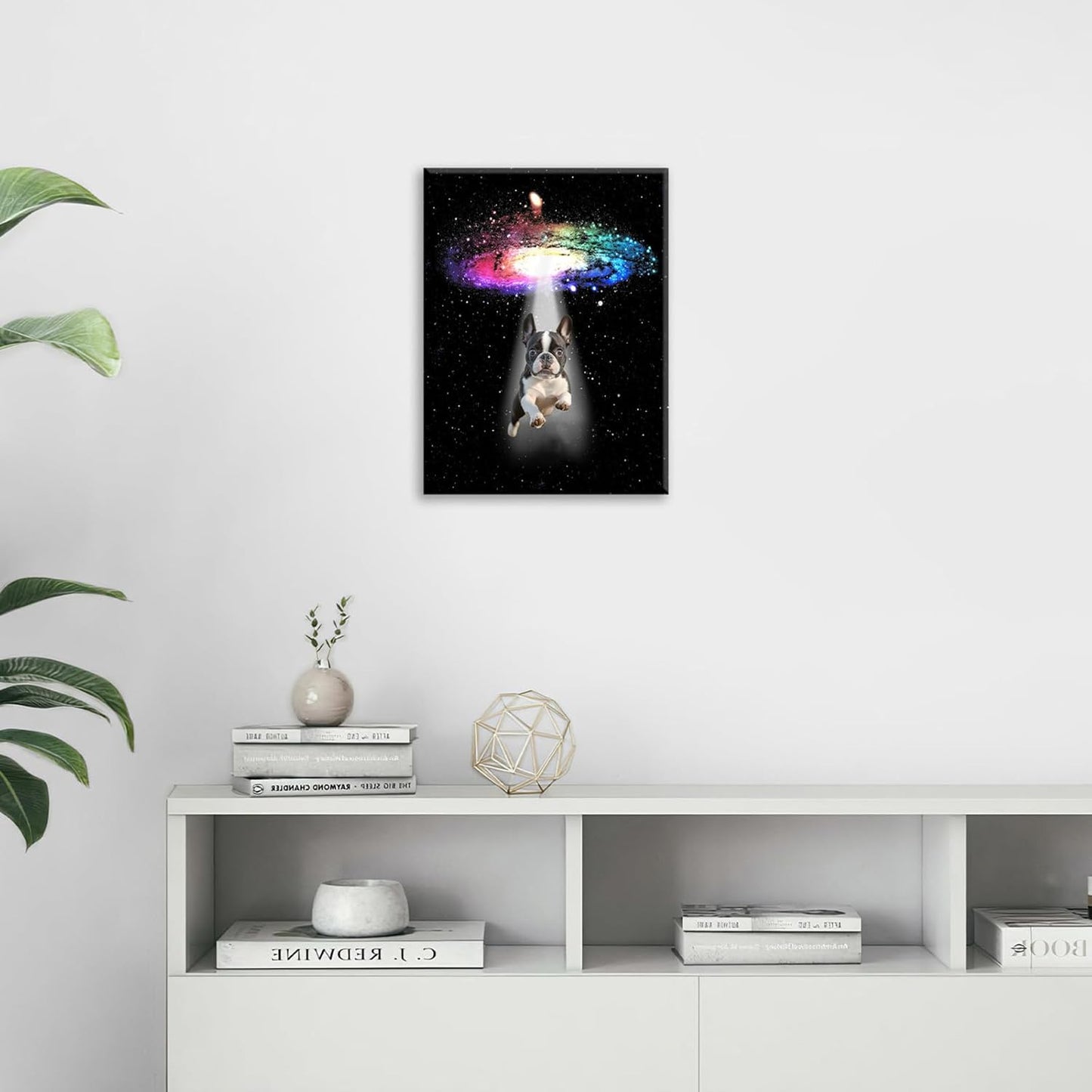 Funny Dog Wall Art Canvas Boston Terrier Wall Decor Prints Framed Painting Bulldog Galaxy Pictures Gifts Artwork for Bathroom 12"x16"