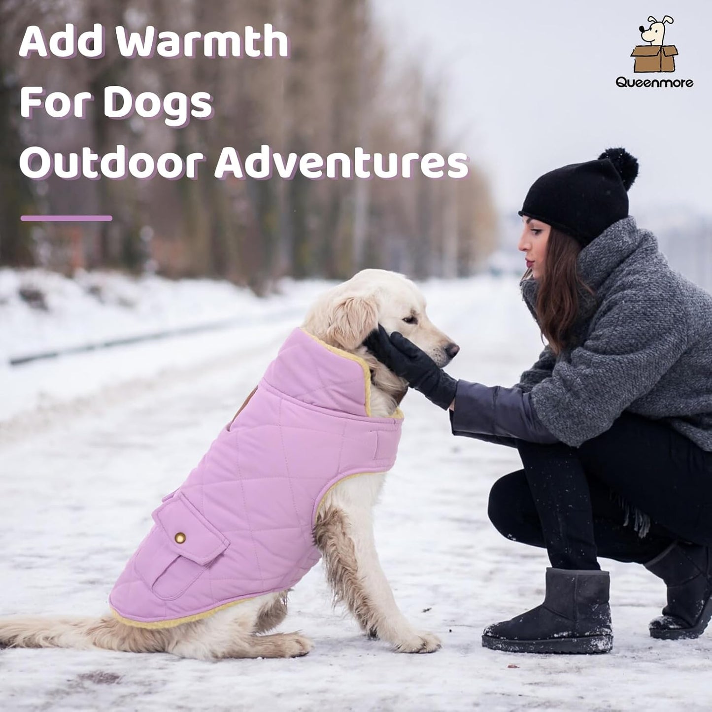 Queenmore Warm Dog Coat, Cold Weather Puffer Dog Coat Vest, Quilting Winter Pet Jacket Ultra Thick Plush Fleece Lining Pet Clothes for Dogs with Storage Pockets (Lilac, X-Small)