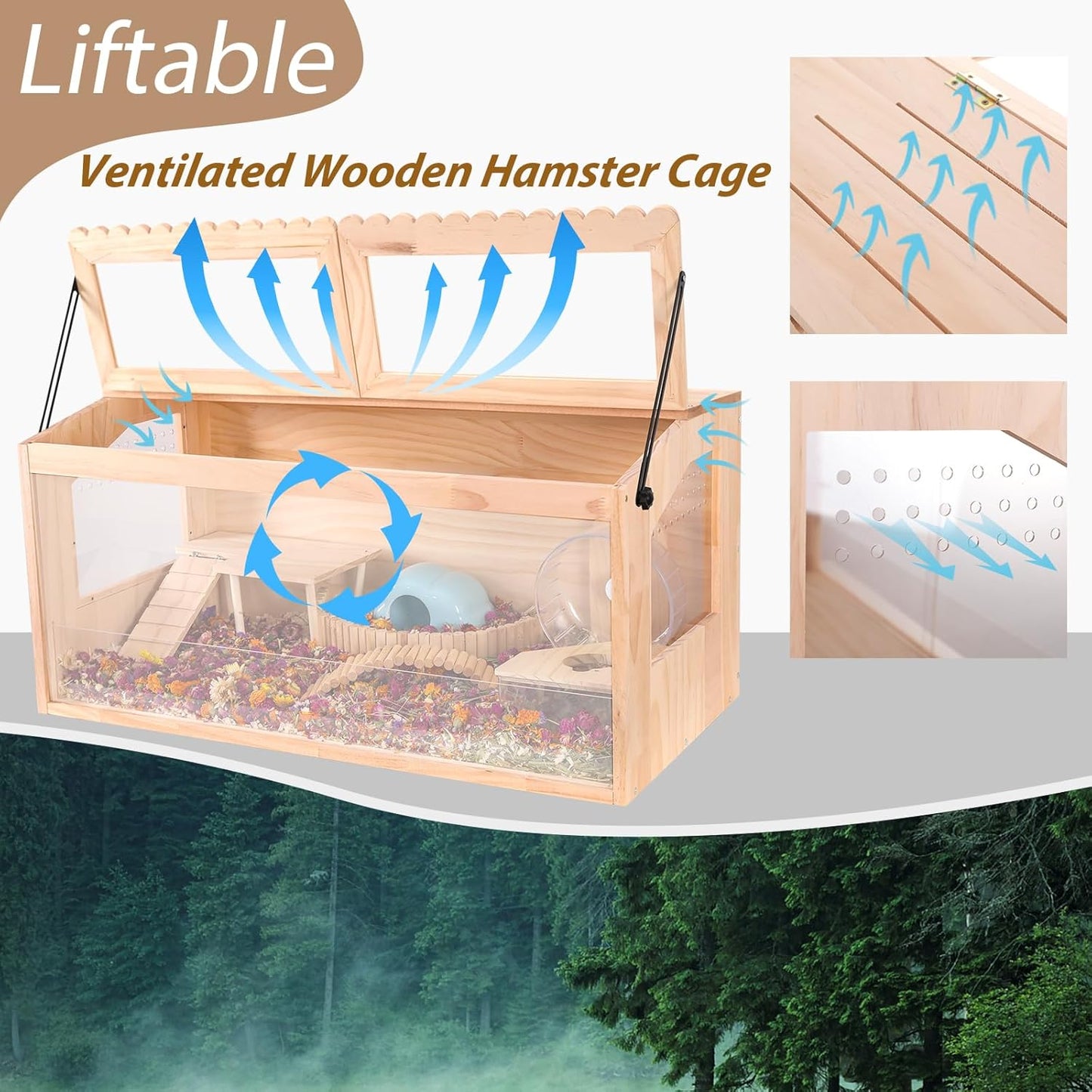 Wooden Hamster Cages and Habitats, 40"x20"x20" Guinea Pig Cage, Small Animal Cage for Dwarf Syrian Hamsters Degus Mice & Other Small Pets. Big Hamster Habitat with 2 Adjustable skylights.