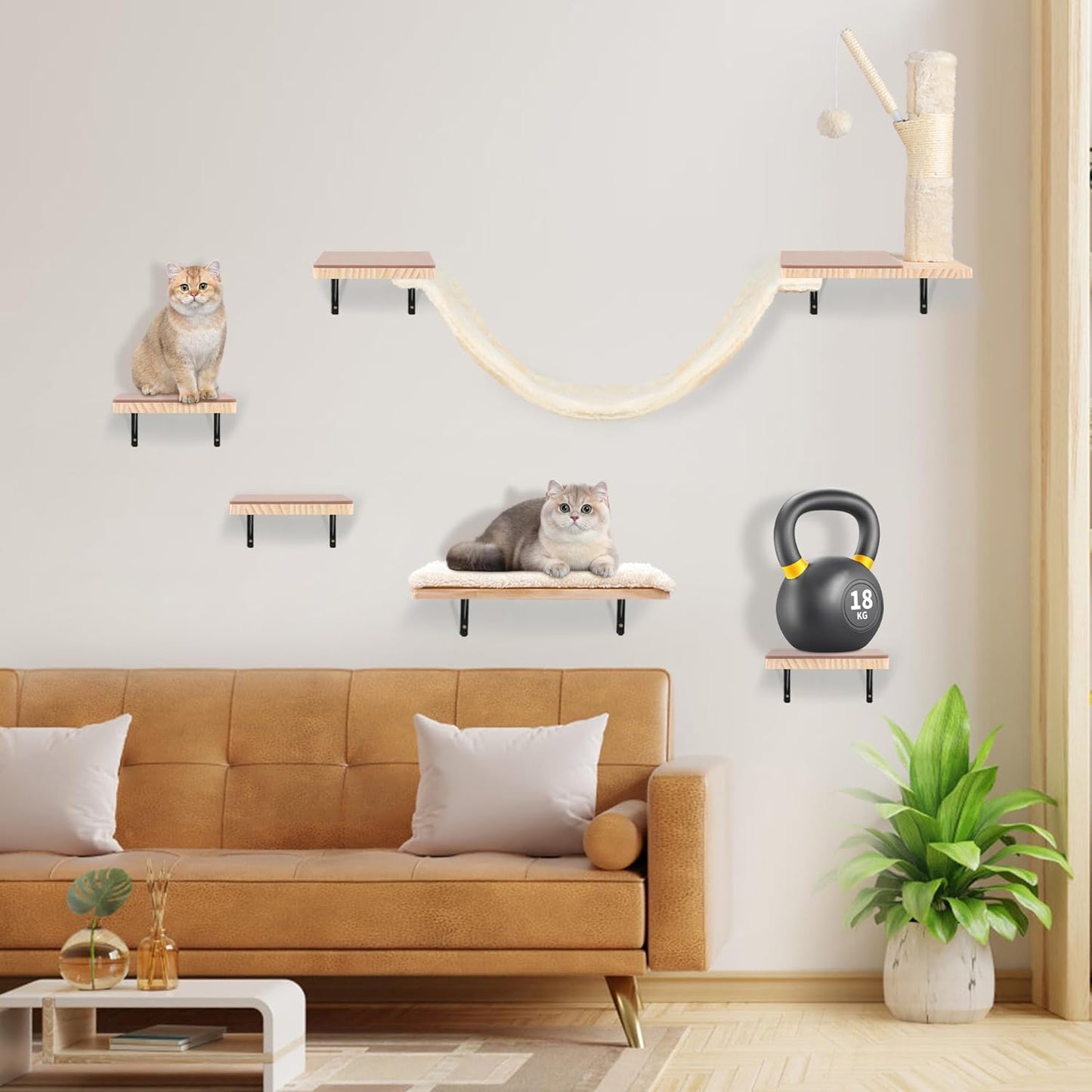 Wall Mounted Cat Climber Set, Cat Wall Shelves,Cat Wall Furniture Set,with Hammock,Jumping Boards,Sofa,Steps,Scratching Post,Hanging Ball and Felt Pads, Suit for Cats Climb, Jump,Scratch-Beige