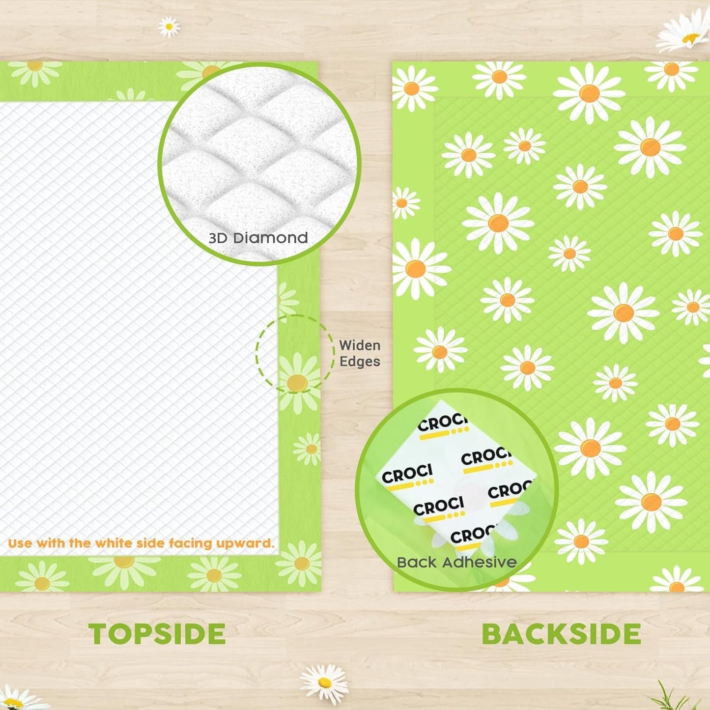 CROCI Pee Pads for Dogs 30x36in Daisy Pattern, Puppy Pads with Adhesive Tabs Super Absorbent Up to 10 Cups, Disposable (40 Counts)