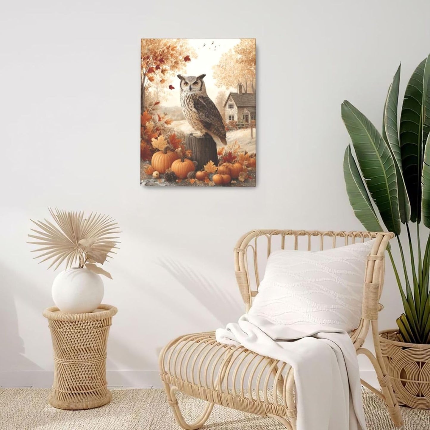 Fall Owl Wall Art Autumn Pumpkin Leaves Wall Decor Rustic Canvas Print Farmhouse Pictures Painting Print Framed Artwork Decorations Gifts for Living Room Bathroom Bedroom Office 16"x20"