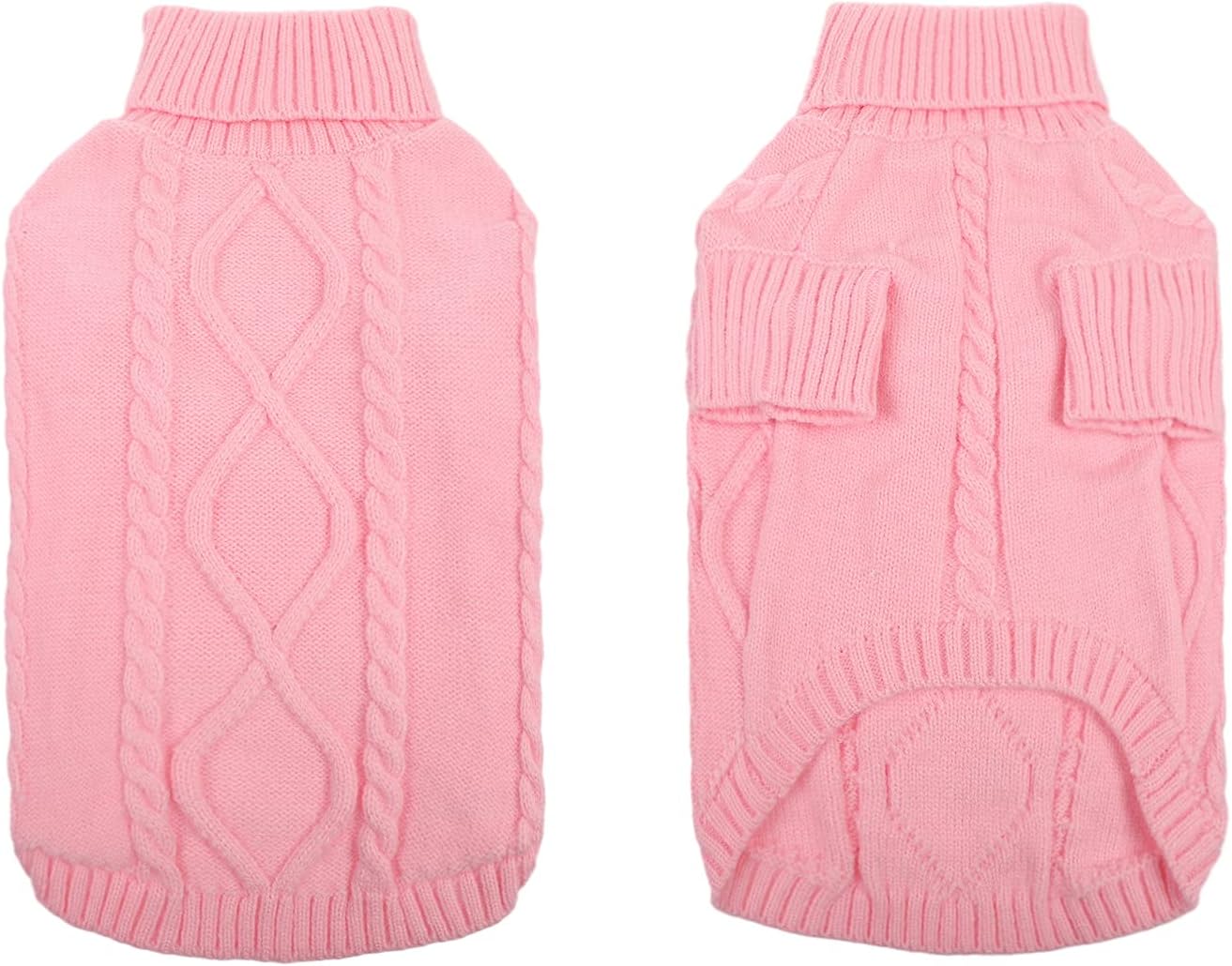 Queenmore Small Dog Pullover Sweater, Cold Weather Cable Knitwear, Classic Turtleneck Thick Warm Clothes for Chihuahua, Bulldog, Dachshund, Pug, Yorkie (Pink, X-Large)