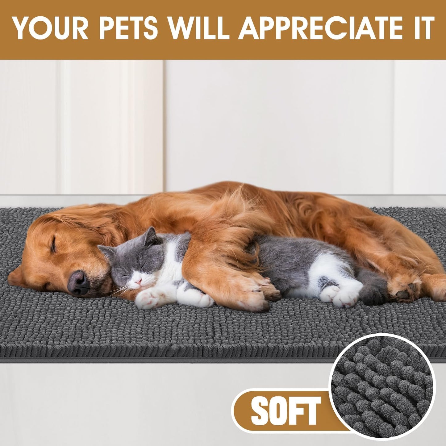 Dog Door Mats for Muddy Paws, Chenille Absorbent Dog Mats, Non Slip Heavy Mud Mat for Dogs, Soft Pet Mat for Entryway, Mud Paws, Inside Floor,48" x 38", Grey