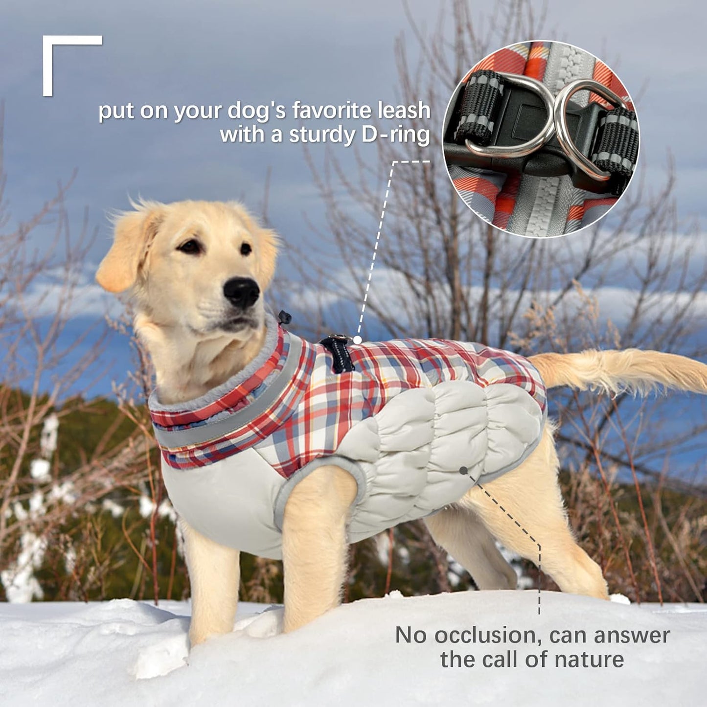 FUAMEY Dog Coat for Small Dogs,Waterproof Dog Winter Jacket with Harness Built in Puppy Cold Weather Coats Reflective Pet Vest with Zipper Warm Fleece Dogs Snowsuit Windproof Red Plaid XS