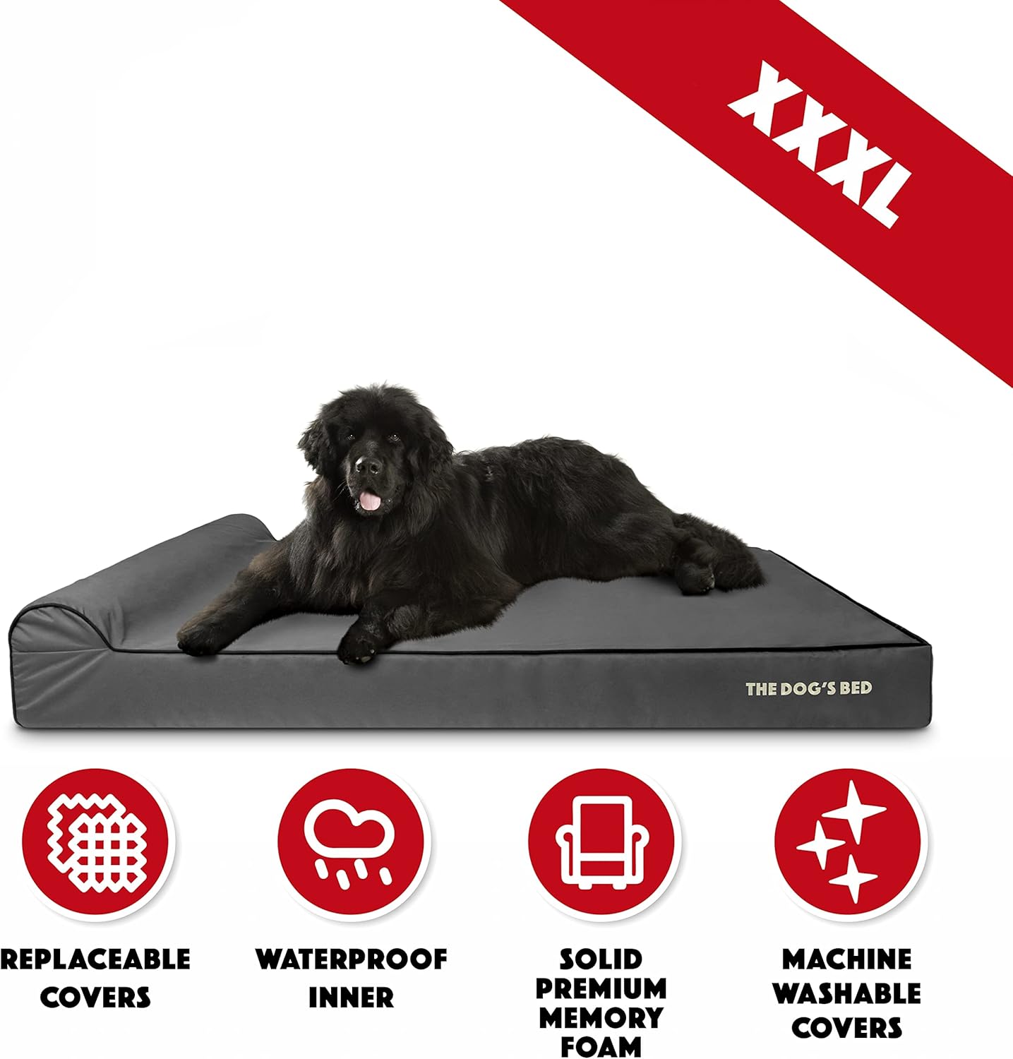 The Dog’s Bed Orthopedic Headrest Dog Bed XXXL Grey/Black 64x44, Memory Foam, Pain Relief for Arthritis, Hip & Elbow Dysplasia, Post Surgery, Lameness, Veterinary Approved, Waterproof Washable Cover