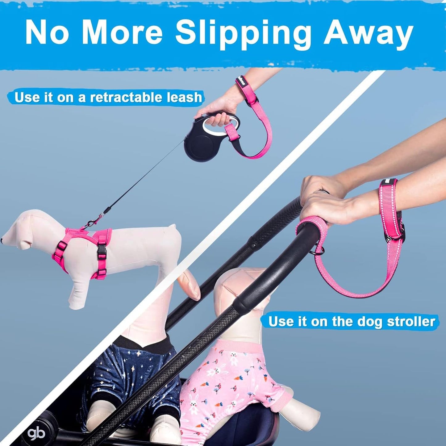 PetBonus 2 Packs Short Dog Leash, Safety Wrist Strap for Retractable Dog Leash, Reflective Design and Adjustable Soft Padded Handle, Extra Layer Security for Pet Stroller (Pink, Pink)