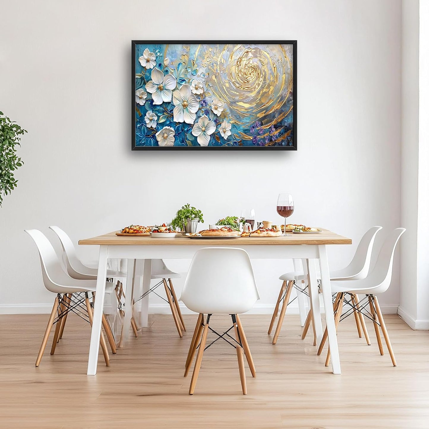 Flower Large Wall Art White Floral Pictures Abstract Golden Spiral Texture Wall Decor Canvas Print Painting Artwork for Bathroom Living Room Bedroom 36L" x 24W"
