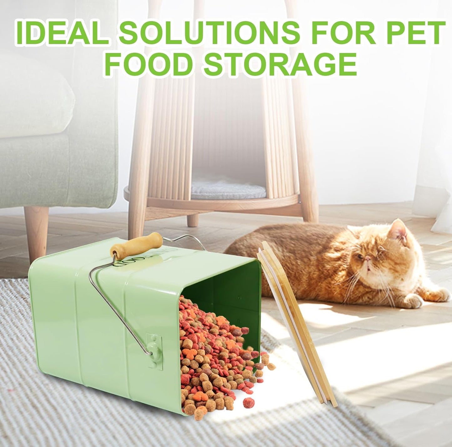 Cat Food storage container Cat Treats Jar,5~6 lb Metal food treats tin for Cat, pet snacks Canisters with wooden lid/handle/sevice scoop-Green