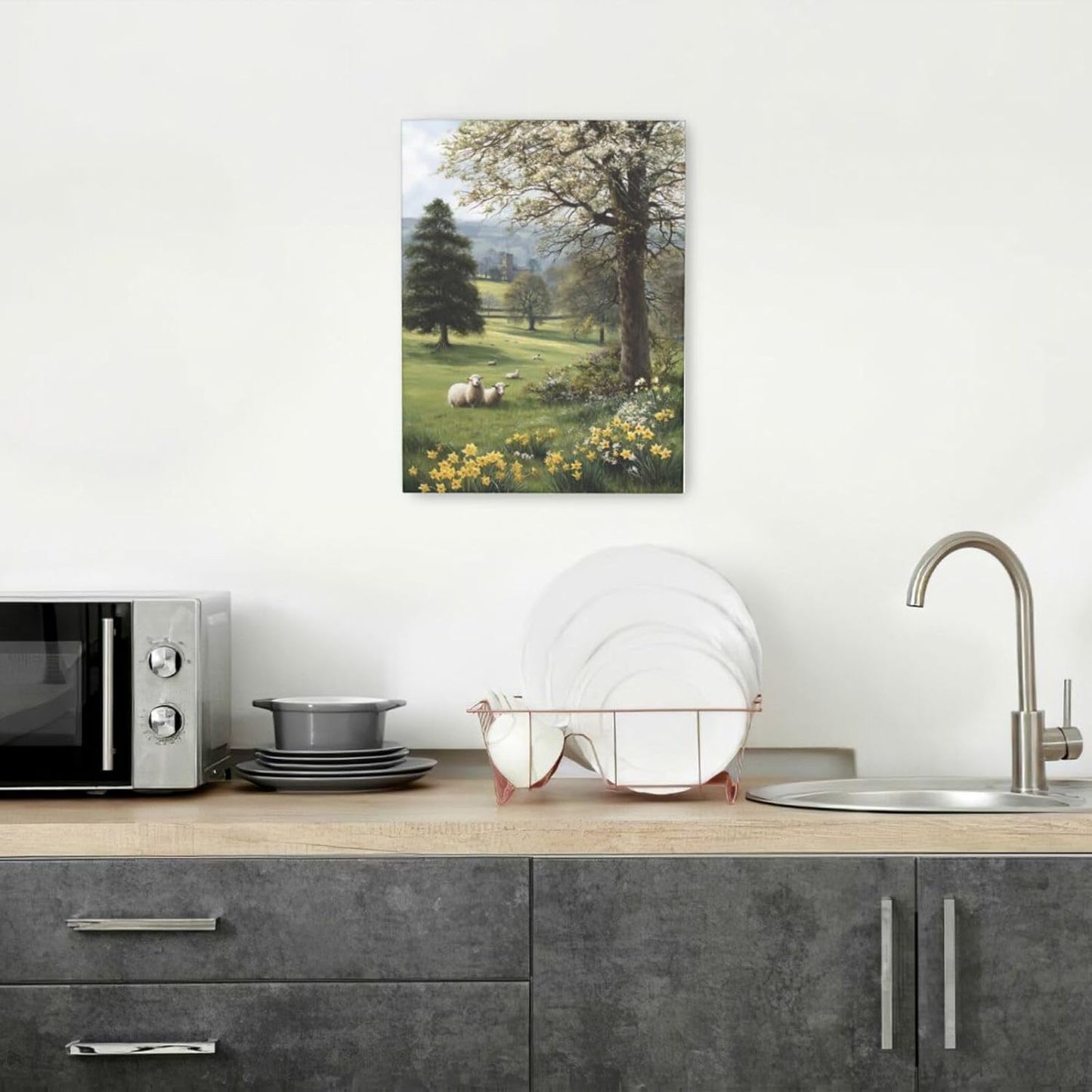 Country Sheep Canvas Wall Decor Farmhouse Rustic Lamb Wildflower Wall Art Nature Countryside Landscape Pictures Painting Print Framed Artwork Decorations for Bathroom Living Room Bedroom 12"x16"