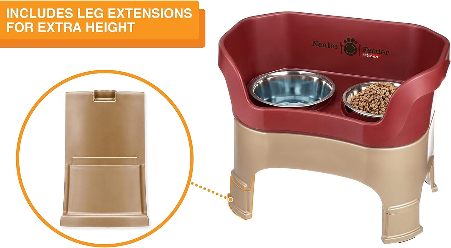 Neater Feeder Deluxe Mess Proof Dog Bowls Elevated for Large Dogs – Made in USA – No Spill Raised Dog Food Bowl Stand w/Leg Extensions – Stainless Steel Dog Food and Water Bowl Set – Red