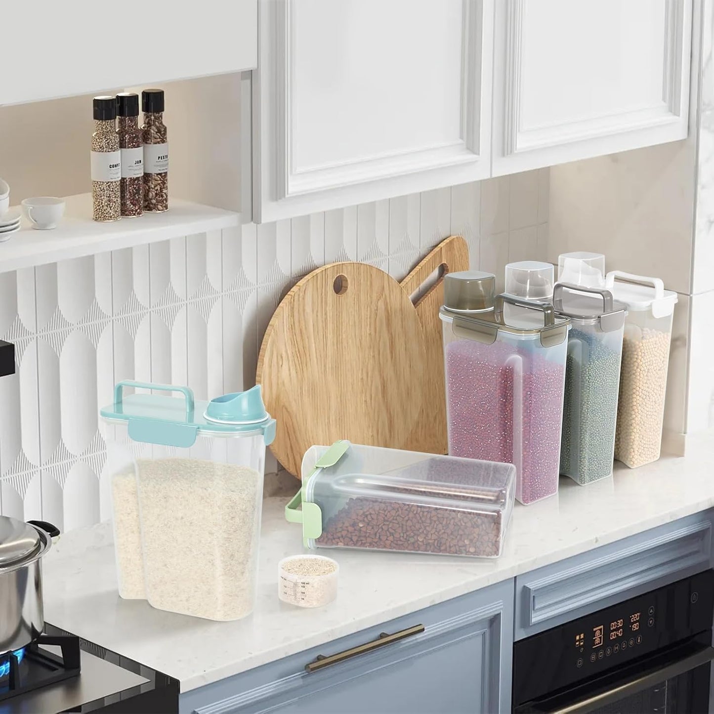 5-7Lbs Cat Dog Storage Container, Portable Pet Food Containers with Upgraded Large Spout and Cup, Small Animal Kibble Dispenser for Bird Seed, Oatmeal, Rice, Flour (2, Sky Blue, 5L)