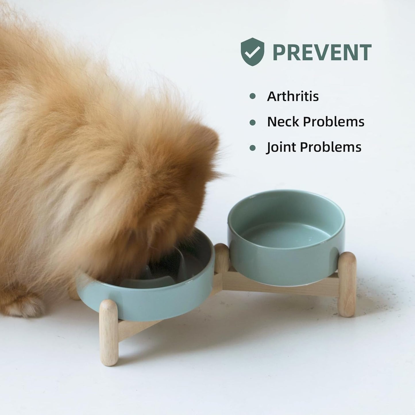 Ceramic Raised Slow Feeder Dog Bowl Set, Elevated 5.1inch Bowl and 6.1inch Puzzle Slow Pet Food Dish with Wooden Stand for Small Dog and Cat, Anti-Gulping (2X Light Green+ Stand)