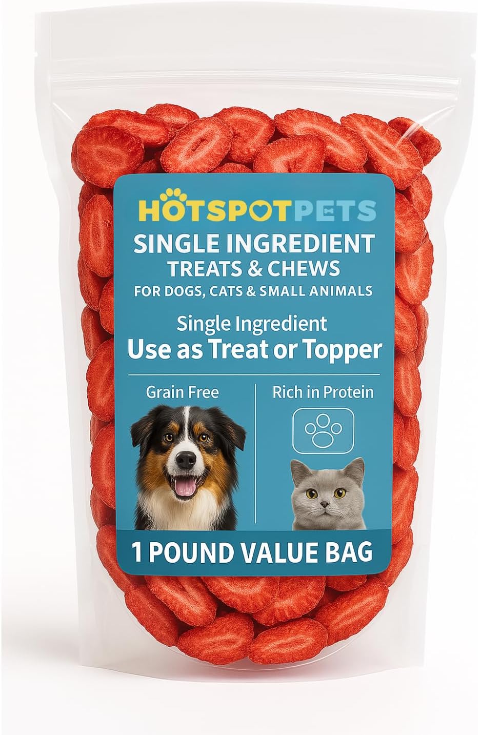 hotspot pets Freeze Dried Strawberry Treats for Small Animals, Cats & Dogs - Reasealable 1lb Big Bag Single Ingredient All Natural- Perfect for Training, Small Reward or Snack