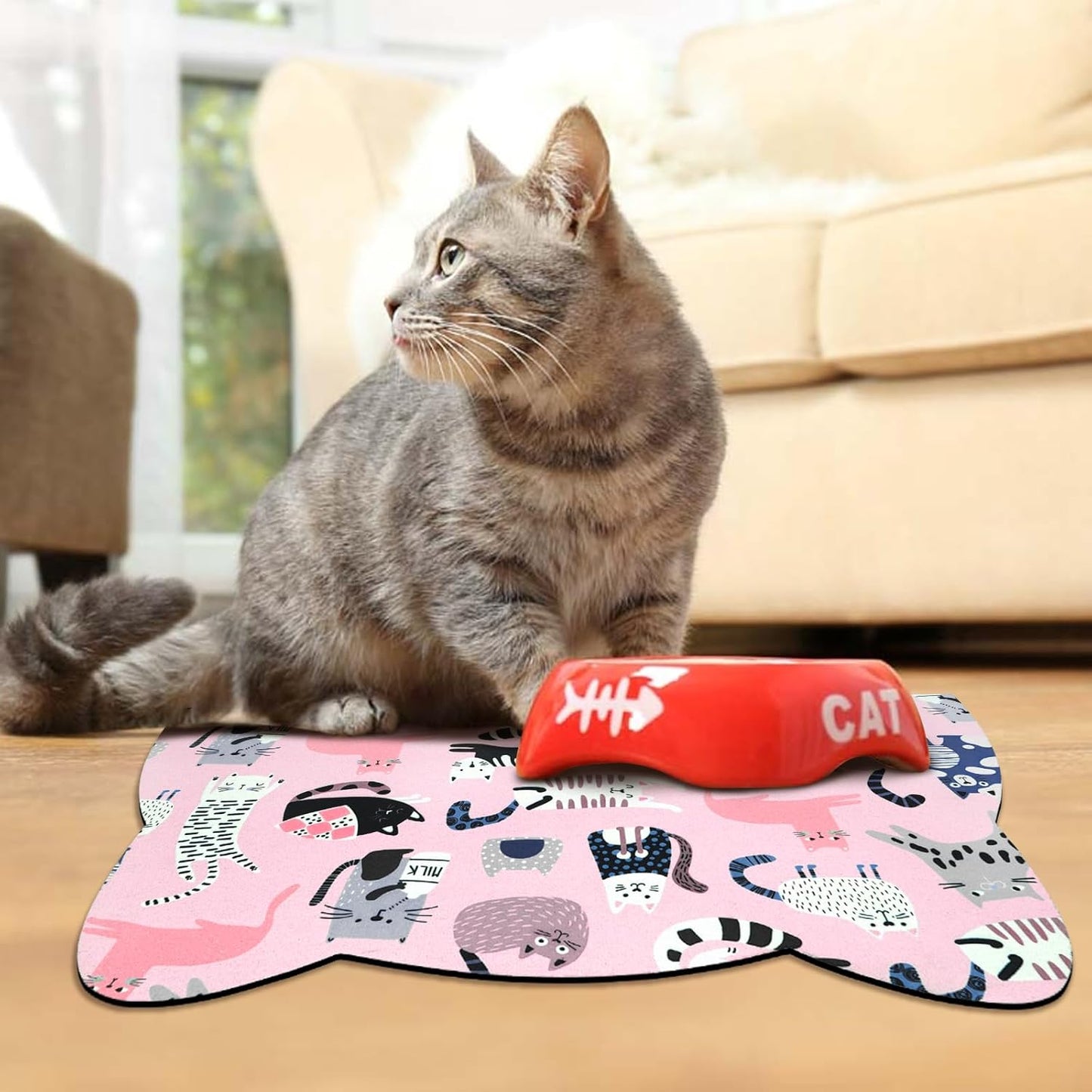 Cat Food Mats for Floor, Dog Water Bowl Mats Pet Feeding Absorbent Placemats for Food and Water Pink 17.7 * 9.8 inch