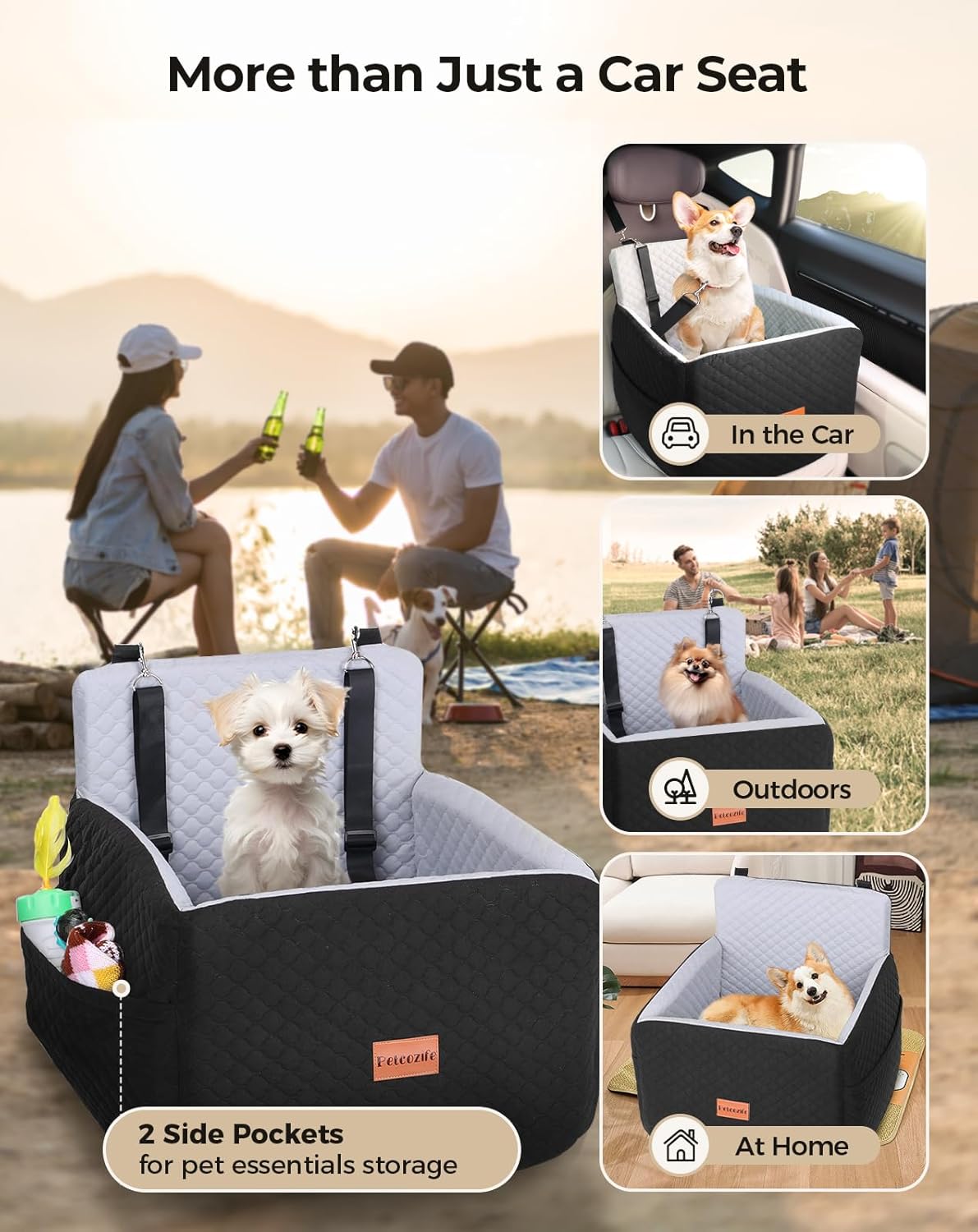 Dog Car Seat for Small & Medium Dogs Under 35lbs, Detachable & Washable Pet Car Seat, Interior Height 6 Inches Pet Travel Bed with Storage Pockets and 2 Dog Safety Belts (Black/Gray)