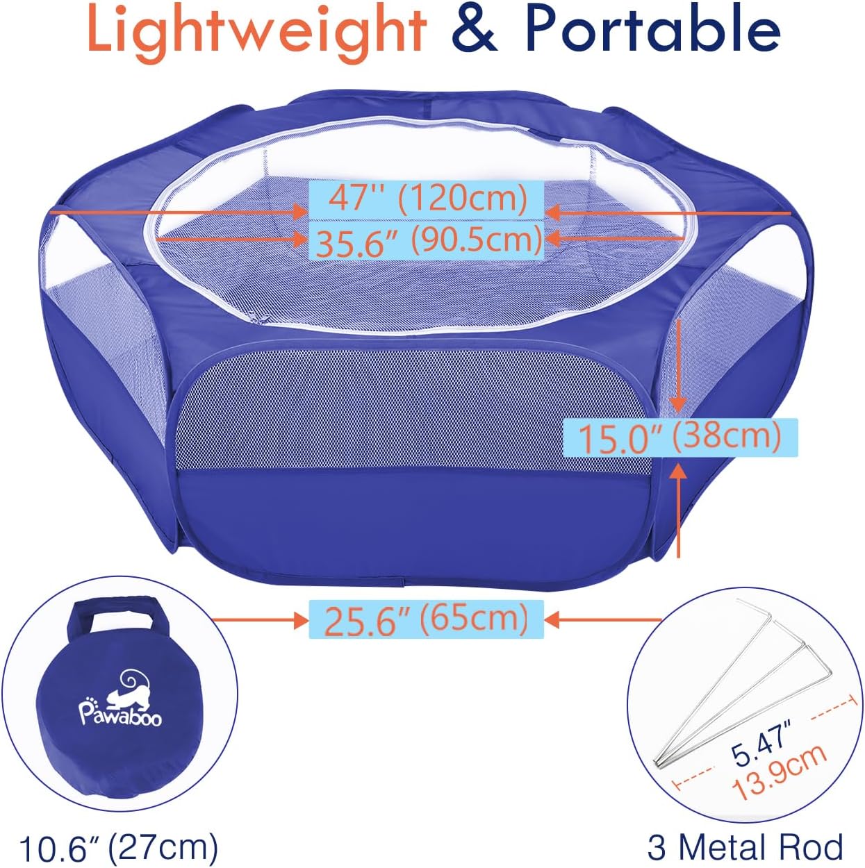 Pawaboo Small Animals Playpen, Waterproof Small Pet Cage Tent with Zippered Cover, Portable Outdoor Yard Fence with 3 Metal Rod for Chick/Kitten/Puppy/Guinea Pig/Rabbits/Hamster/Chinchillas,Indigo