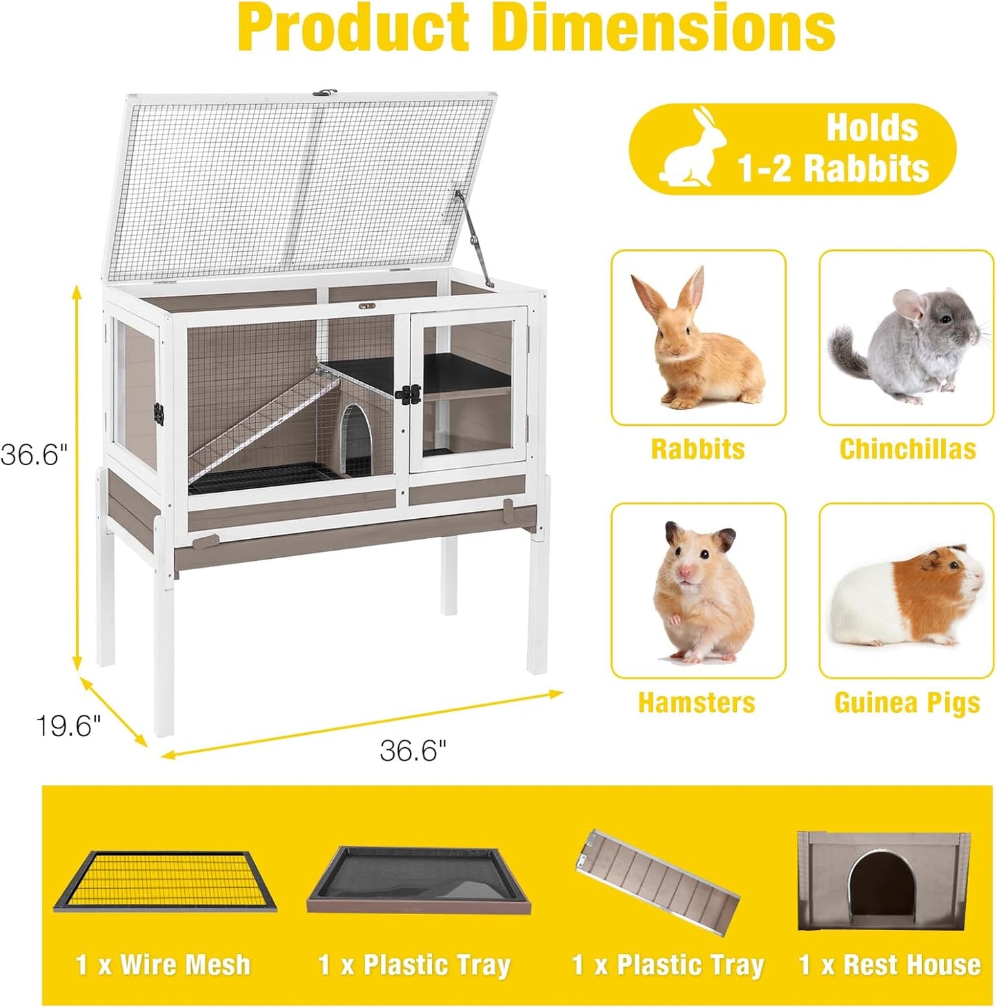 Aivituvin 2-Story Rabbit Hutch with Anti-Chew Ramp & Zinc Sheet - 36.6" Indoor Guinea Pig Cage, Wooden Stand, Pull-Out Tray & Leakproof Floor (Brown)