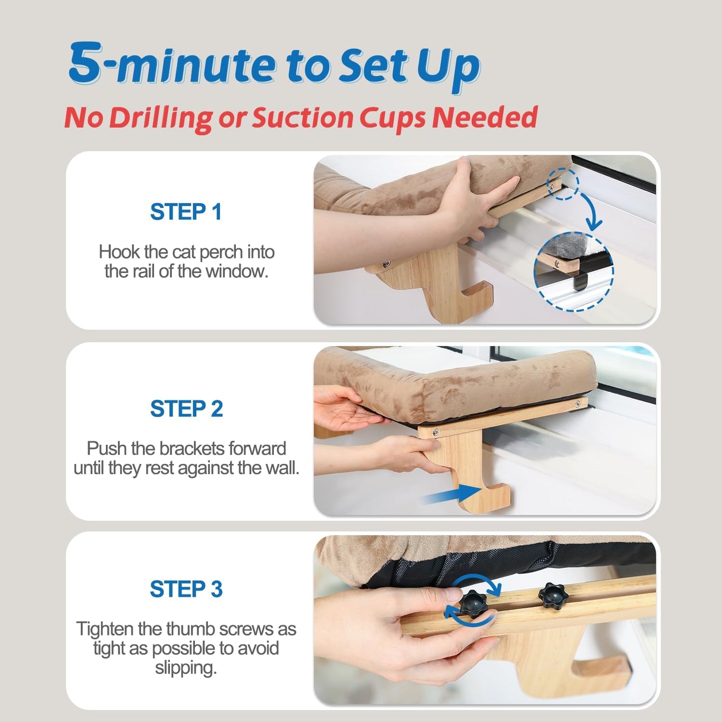 Cat Perch for Window Sill with Bolster - Orthopedic Hammock Design with Premium Hardwood & Robust Metal Frame - Cat Window Seat for Large Cats and Kittens - Natural Color Wood with Gray Bed