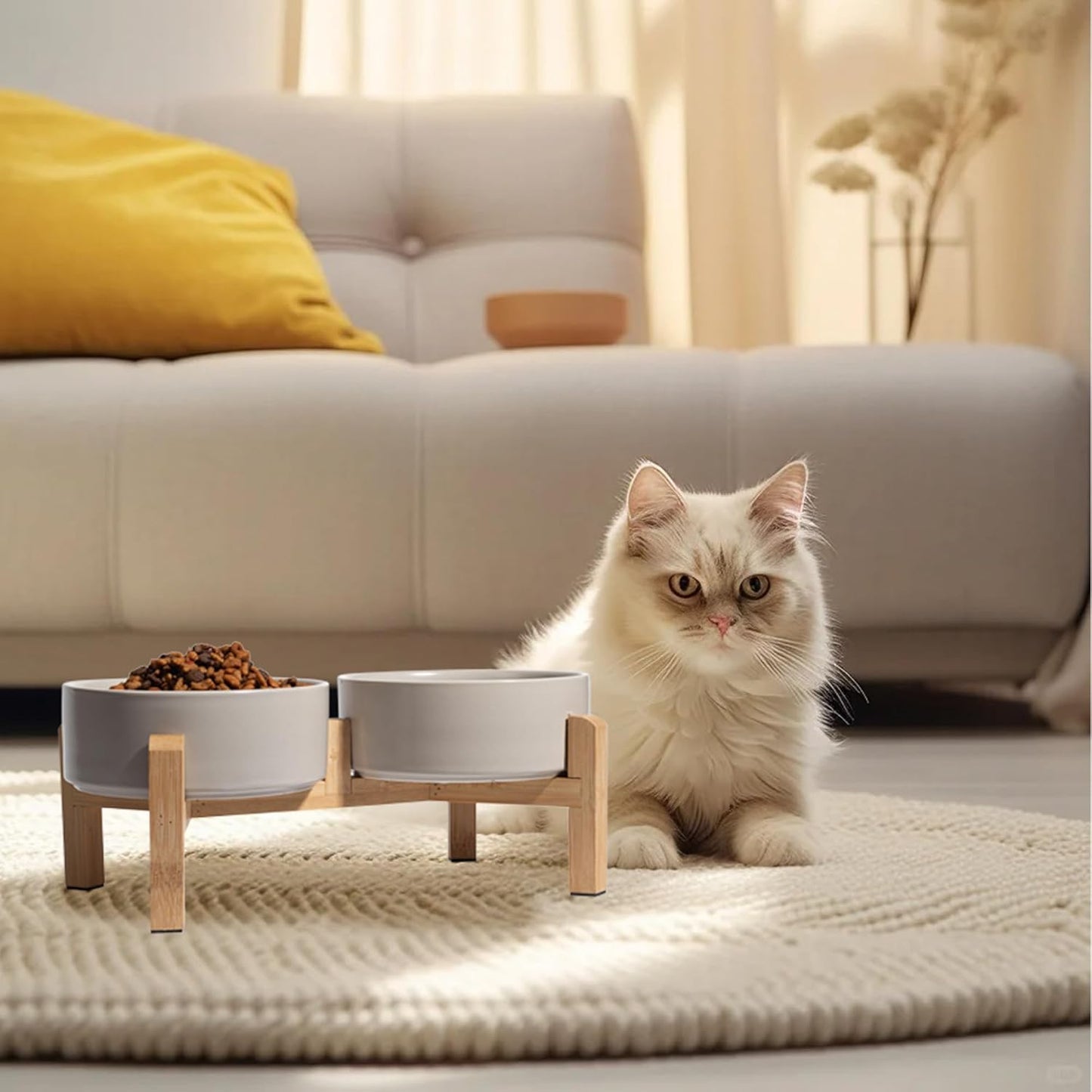 Elevated Ceramic Dog Bowl Set - Raised Feeding Bowls with Non-Slip Bamboo Stand - Small Pet Dishes for Food and Water - Ideal for Cats and Puppies - 16.23 OZ - 2 Cups - 480 ML