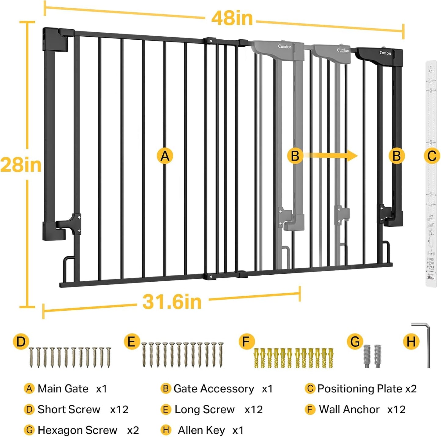 Cumbor 31.6-48" No Bottom Bar Baby Gate for Stairs, 2-in-1 Auto Close Dog Gate Indoor, Hardware Mounted Pet Gate for Doorways with Large Walk Thru Door, Child-Proof Safety Gate for Kids (Black)