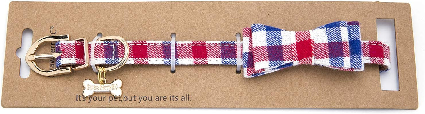 Puppy Collars for Small Dogs - StrawberryEC Adjustable Puppy Id Buckle Collar Leather. Cute Plaid Bowtie Blue Dog Collar (Bow-Blue-Grid)