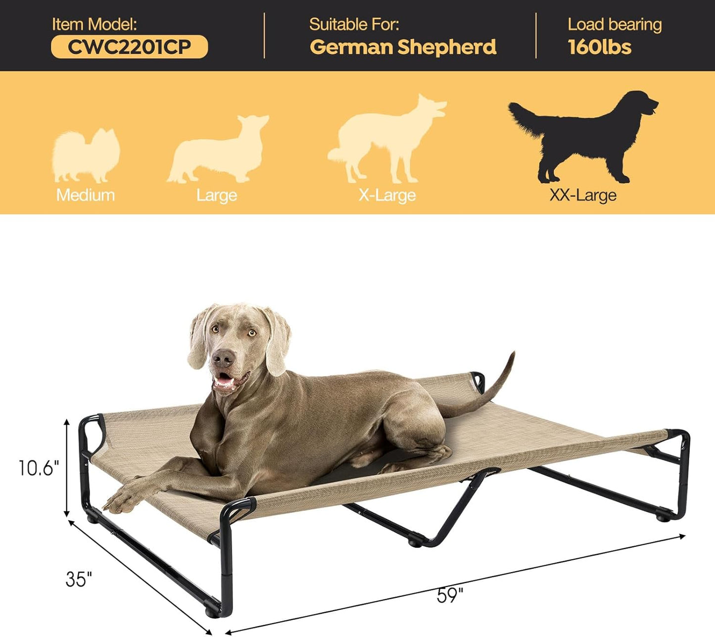 Veehoo Original Outdoor Elevated Dog Bed, Cooling Raised Dog Cot for Large Dogs, Portable Standing Pet Hammock Platform with Washable Breathable Mesh, No-Slip Feet, XX-Large, Beige Coffee, CWC2201