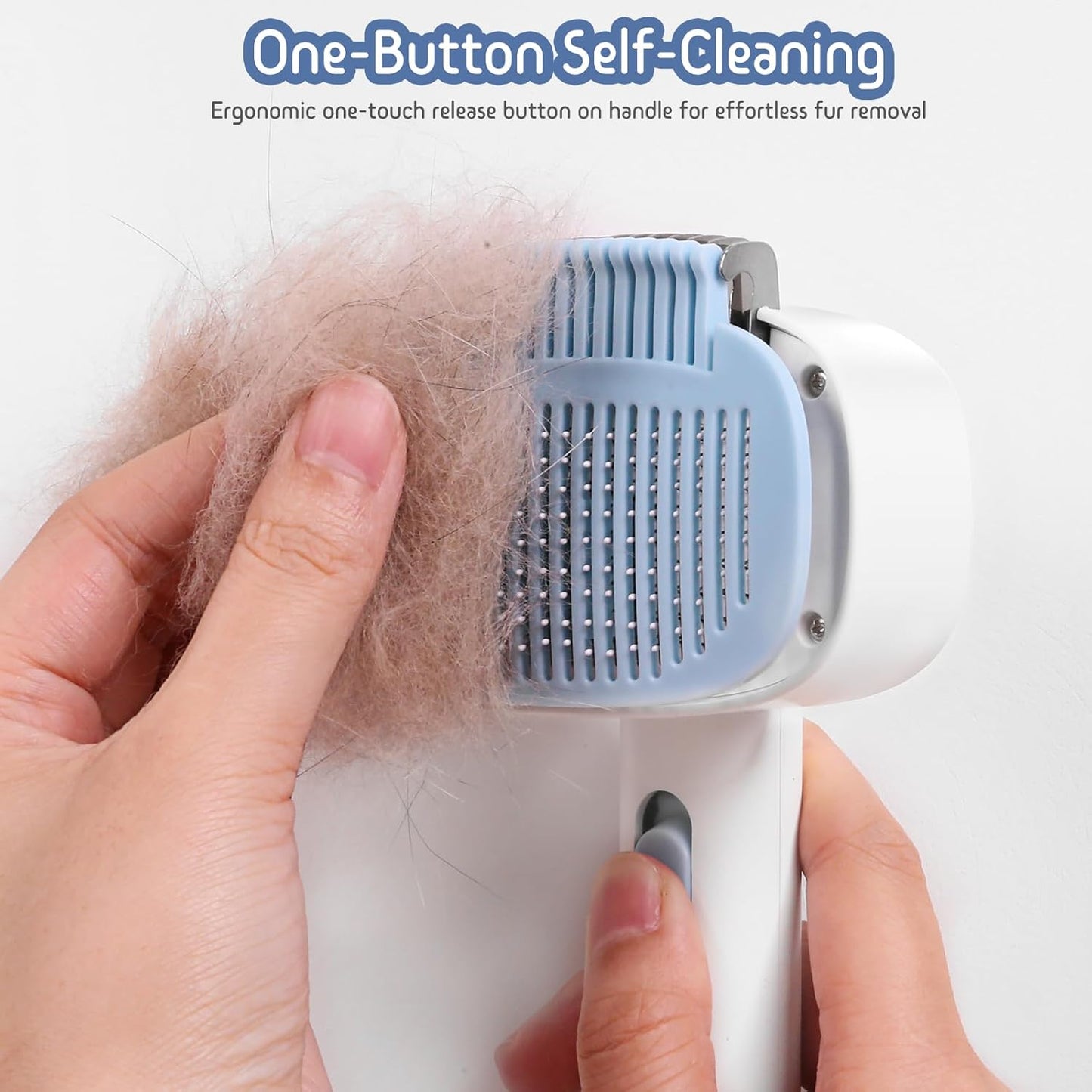 Self Cleaning Slicker Brush, 2-in-1 Cat Brush for Shedding, Skin Friendly Grooming Tool for Long & Medium-Long Hair Pets, Adjustable Bristle Length with Dematting Comb for Cats, Dogs (Blue)