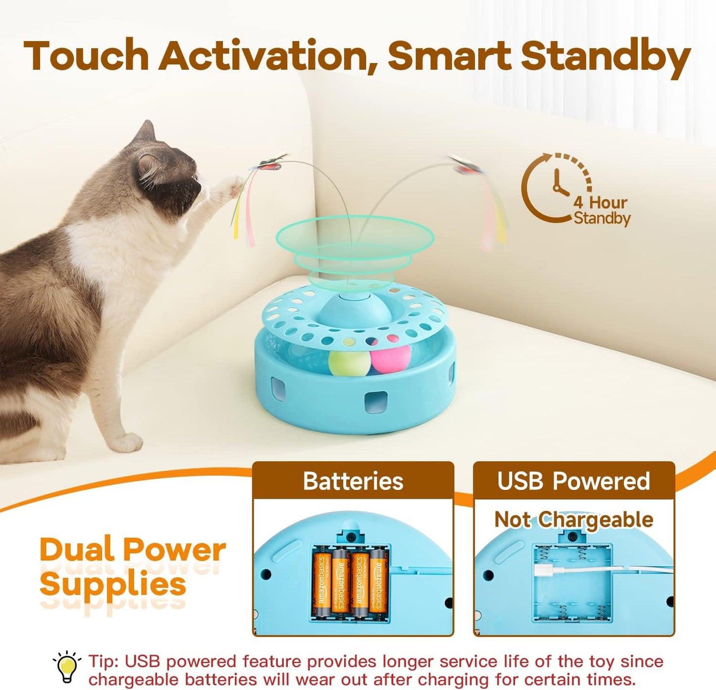 Potaroma Cat Toys 3-in-1 Automatic Interactive Kitten Toy, Fluttering Butterfly, Random Moving Ambush Feather, Track Balls, Dual Power Supplies, USB Powered, Indoor Exercise Cat Kicker (Blue)