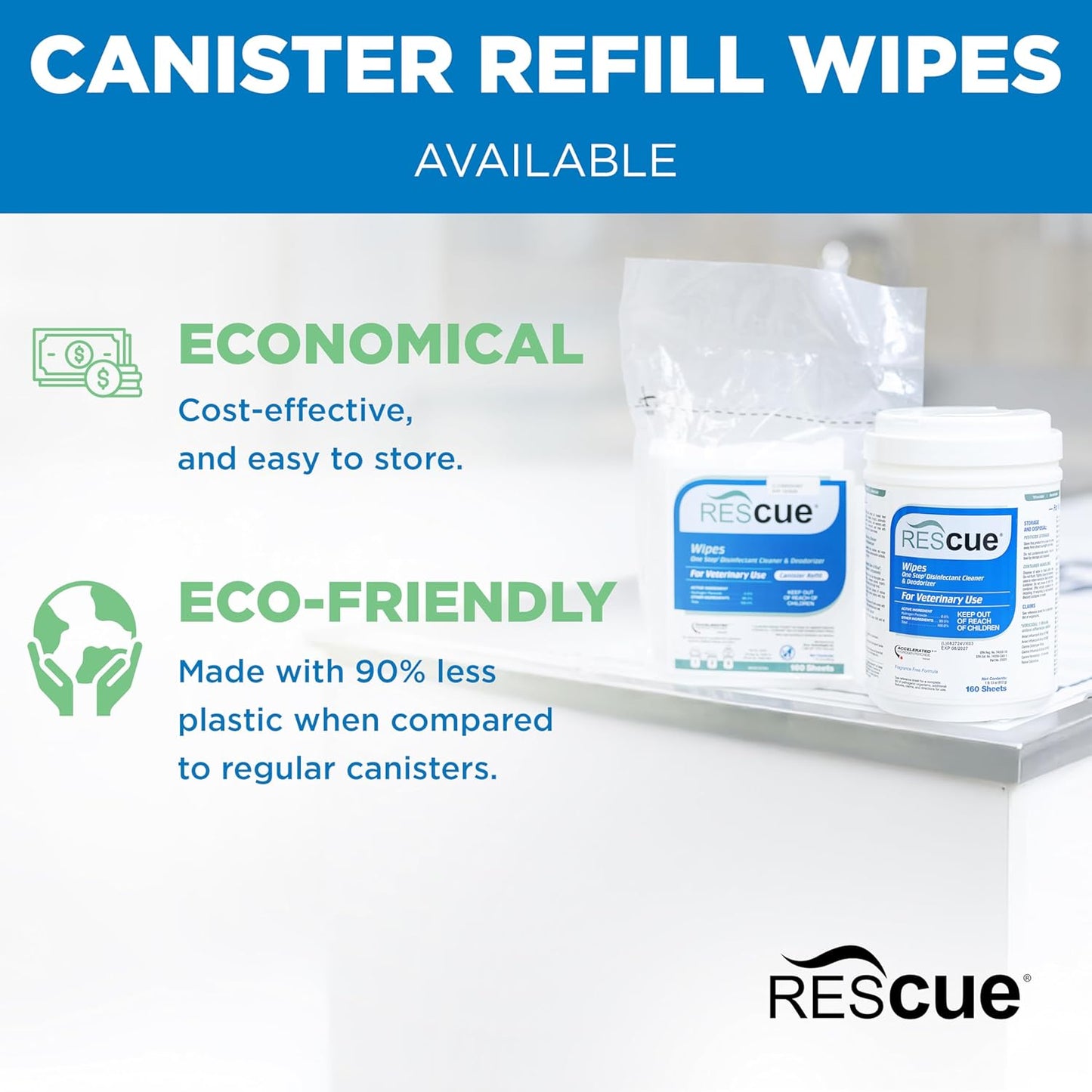 REScue One-Step Disinfectant Cleaner & Deodorizer Wipes for Vet Use – Cleaner for Kennels, Litter Boxes, Vet Offices, Pet Grooming Surfaces, Pet Boarding – Wipes Canister Refill, 160 Count (6 Pack)