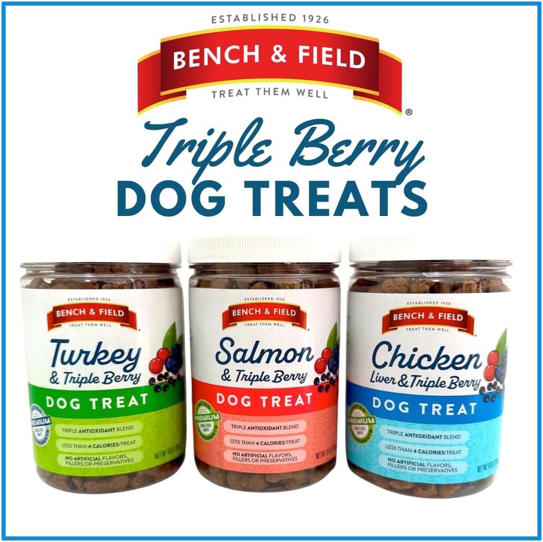 Bench & Field Holistic Natural Turkey & Triple Berry Dog Treats | Crunchy Bone-Shaped Bites | Antioxidant Blend, 10-Ounce Bottle