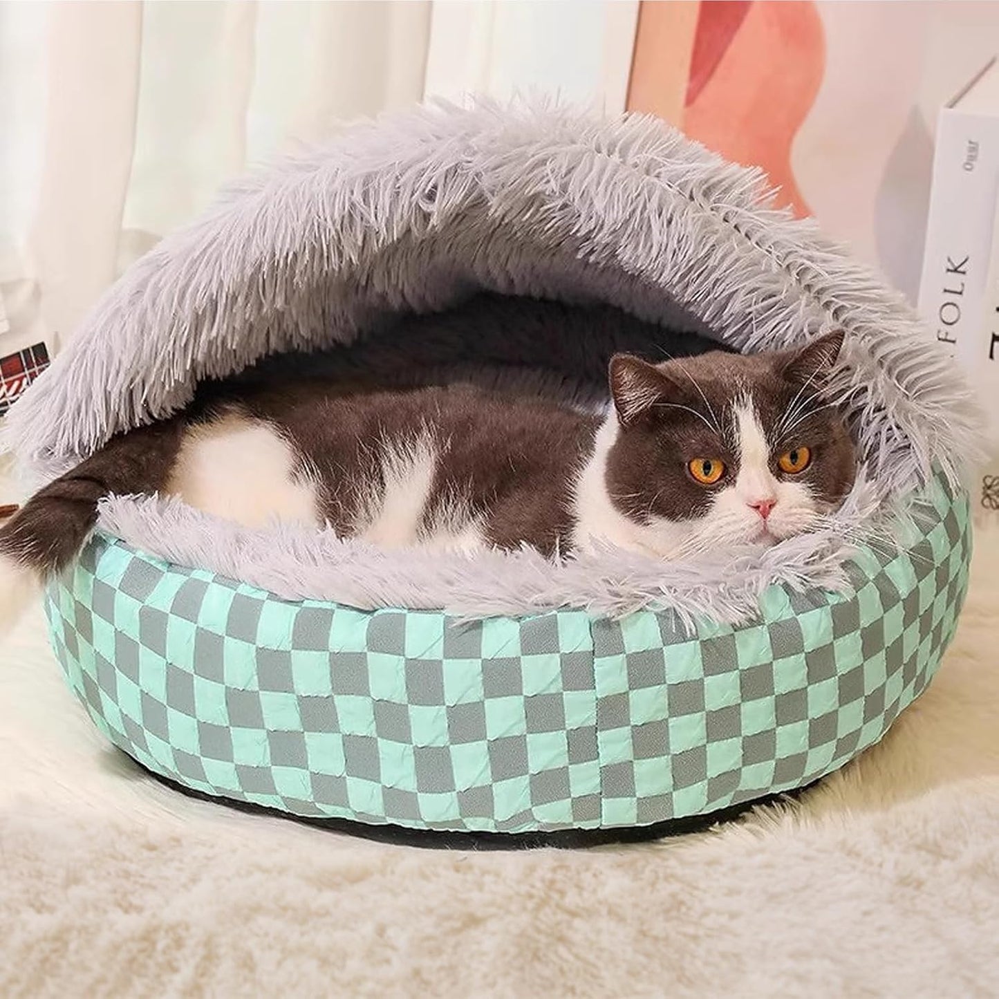 Cat Bed Hooded Plush Nest with Self-Warming Cozy Cave, Calming Anti-Anxiety Pet Bed for Indoor Cats & Small Dogs, Removable Washable Cover & Waterproof Bottom - Gray