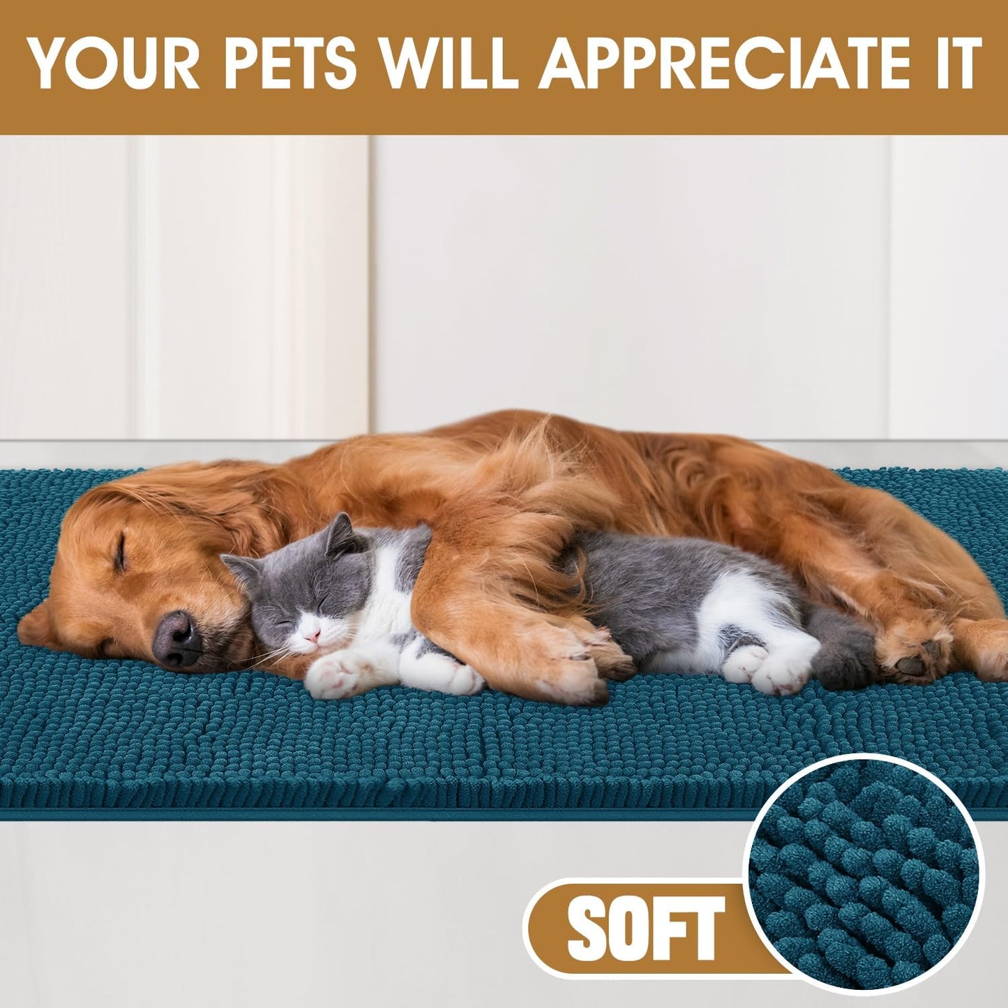 Extra Large Dog Door Mats for Muddy Paws, Chenille Absorbent Door Mats, Non Slip Heavy Indoor Door Mat for Dogs, Soft Dog Mat for Entryway, Mud Paws, Inside Floor,60" x 36", Teal Blue