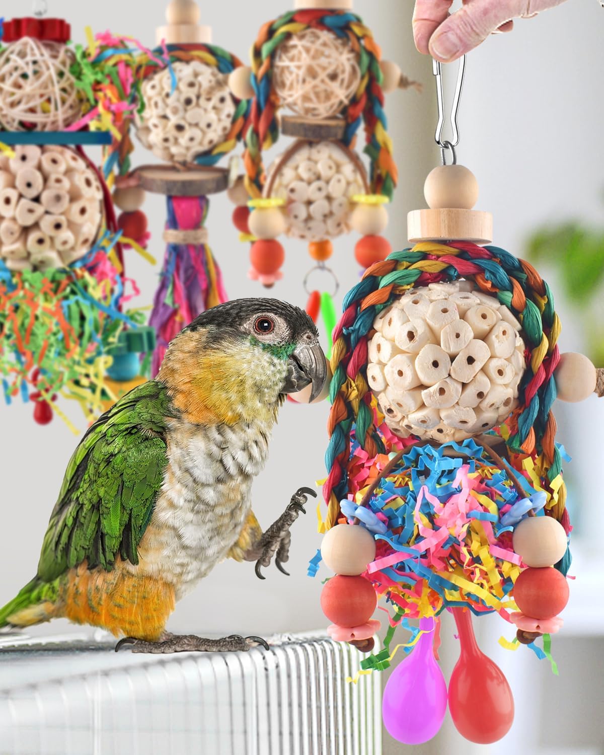 Bissap Conure Toys, 4 PCS Bird Parrot Foraging Shredder Hanging Toys Sola Balls with Sand Hammer for Small Parrots Parakeets Conures Cockatiels Love Birds Cage Toy