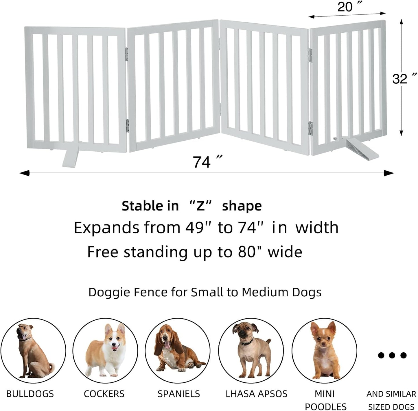 ZJSF Freestanding Indoor Dog Gate for House Foldable Wood White Puppy Gate for Doorways Pet Gate for Stairs Extra Wide Pet Fence 32" Height 4 Panels