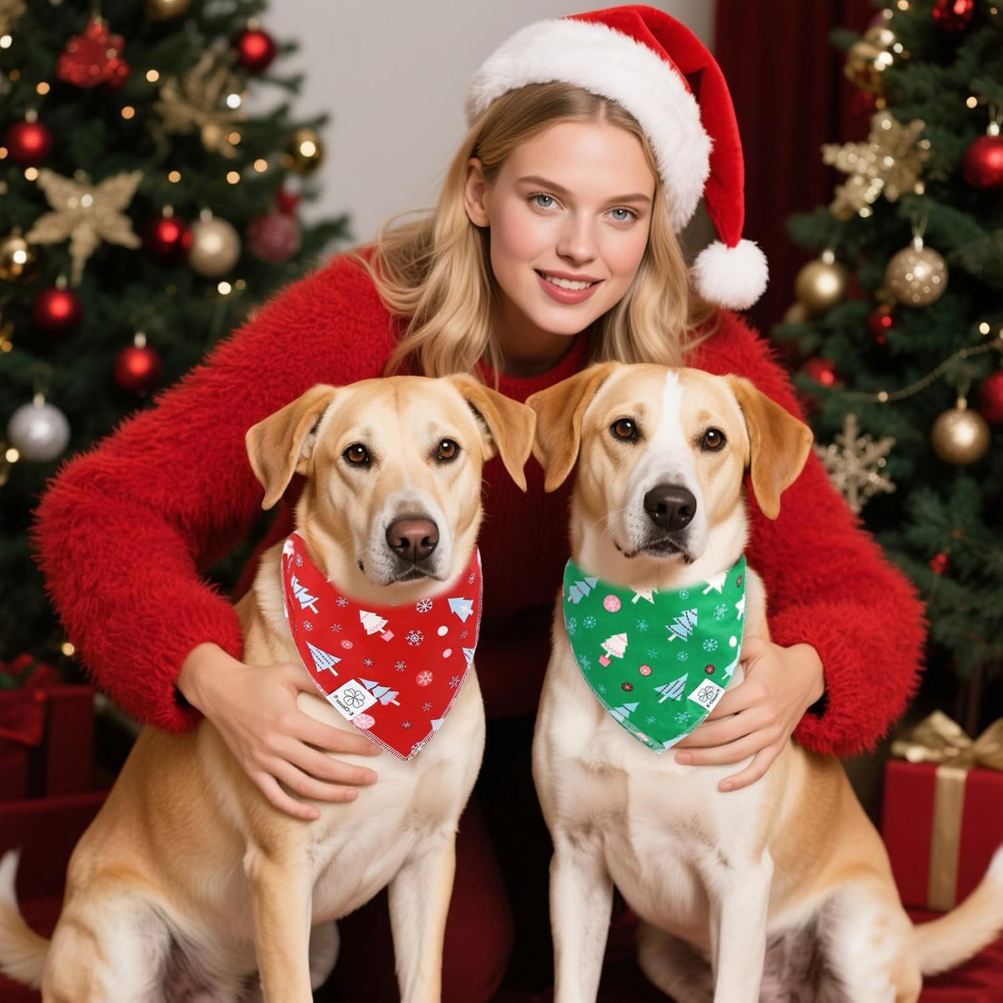 E-Clover Christmas Dog Bandanas Winter Scarf for Dog Boy Girl Christmas Tree Costumes Accessories for Medium Large Dogs Green Red