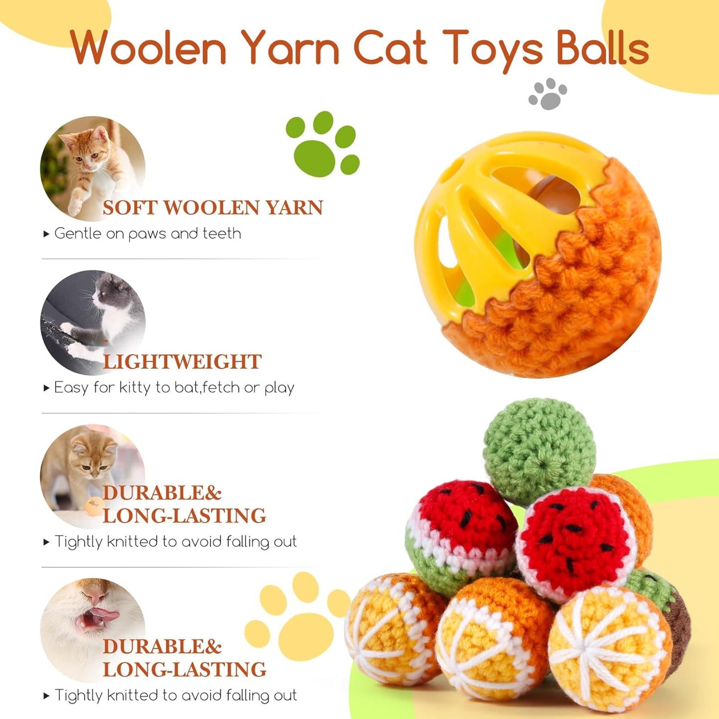 12 Pack Cat Toy Balls, Hand-Knitted Woolen Yarn Cat Balls Toy with Bell Inside, Interactive Kitty Toys for Indoor Kitten Teething, Chasing & Self Play(Fruit-Shaped)